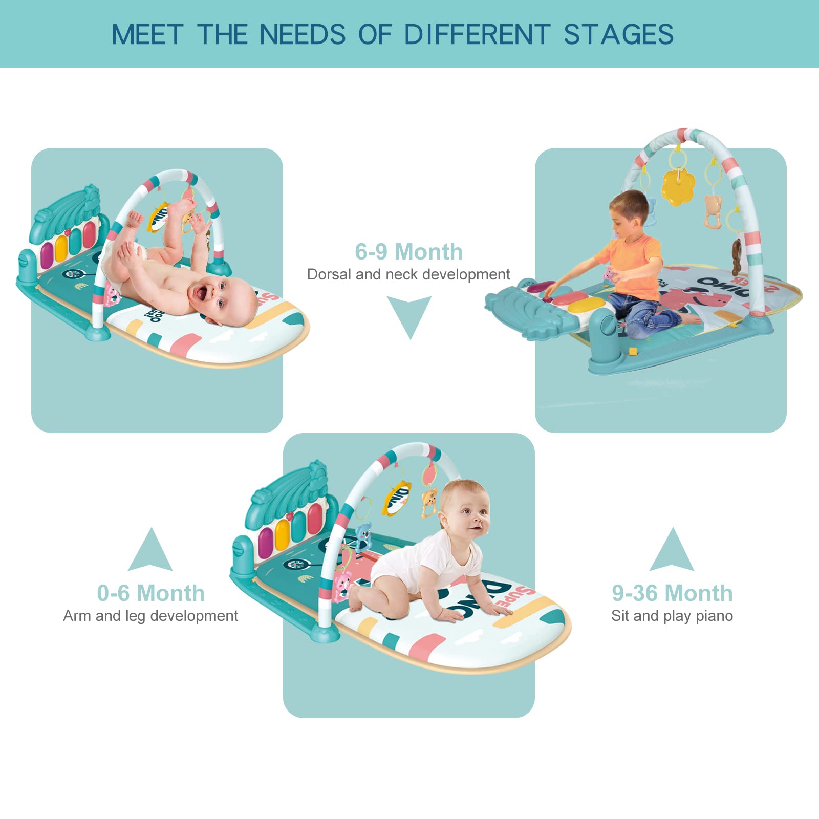 Dearlomum Baby Play Mat & Gym - Interactive Piano Tummy Time Activity Mat with 5 Sensory Toys, Music & Lights | Developmental Toy for Newborn to 12 Months | Perfect Gift for Boys & Girls (Blue) | Great for Floor Play, Sensory Development & Early Learning Activities