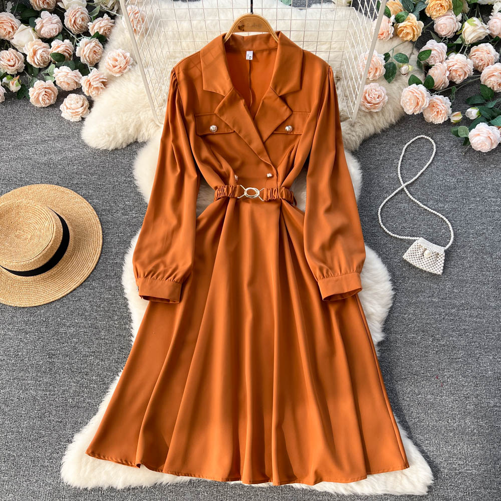 Elegant French Long Sleeve Midi Dress with Suit Collar - Women's Office Wear & Formal Occasion Outfit