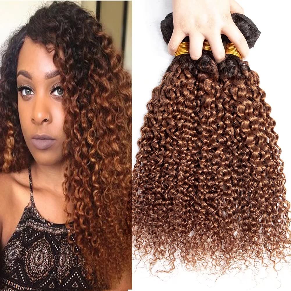 FEEL ME Ombre 1B/30 Brazilian Kinky Curly Human Hair Bundles - 8A Grade Unprocessed Virgin Hair Extensions (16 18 20 Inch) - Black to Brown Ombre Weave for Natural Look & Styling | Perfect for Daily Wear, Parties & Special Occasions