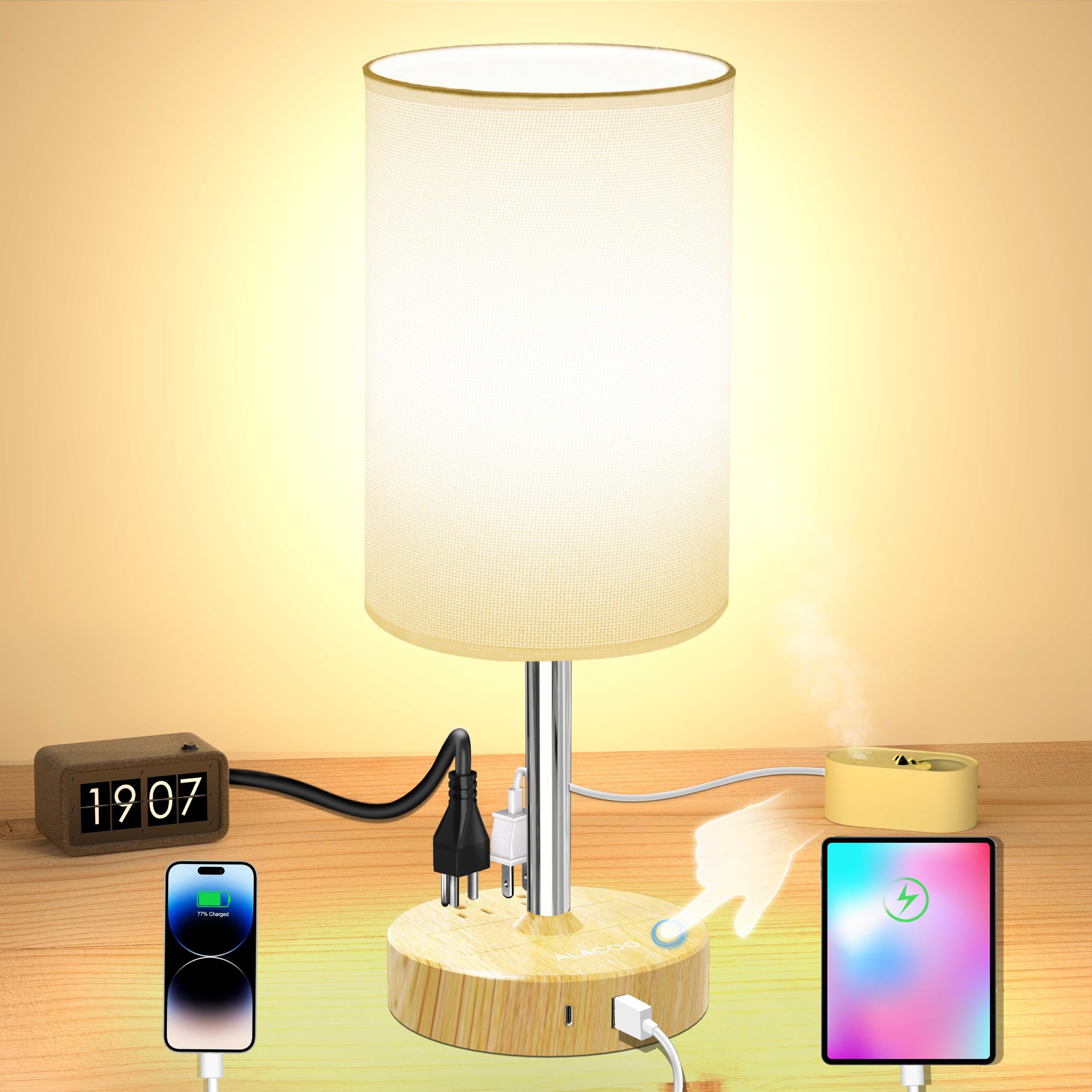 Modern Wooden Bedside Table Lamp with USB Charging Port & 3-Way Dimmer - Touch Control Nightstand Lamp with AC Outlet (1000W), E26 LED Bulb Included - Perfect for Bedroom, Dorm, Office & Reading Nook
