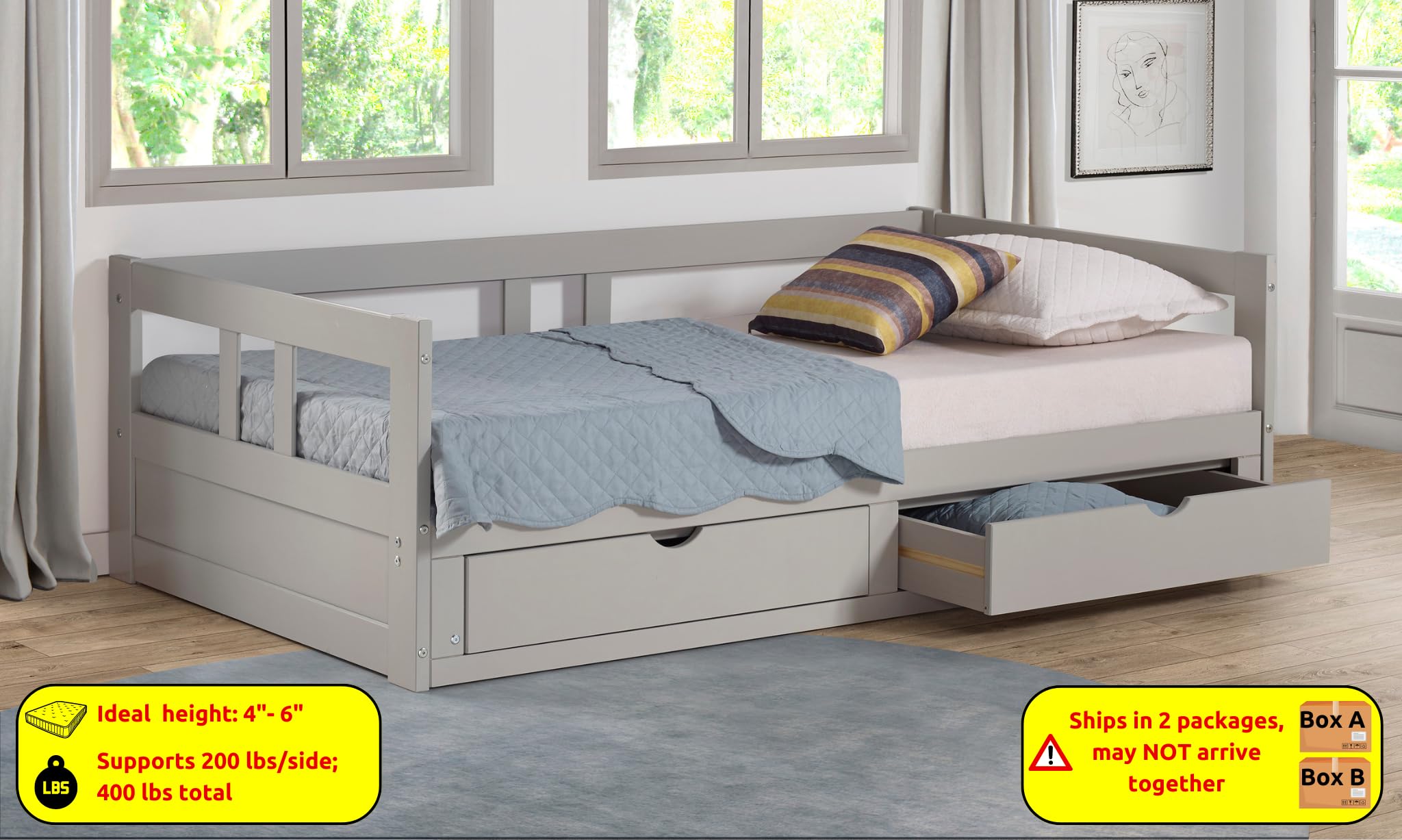 Alaterre Melody Extendable Twin to King Daybed with Trundle & Storage Drawers - Brazilian Pine Wood, 400lb Capacity, Dove Gray - Perfect for Kids Bedroom, Guest Room & Small Space Furniture