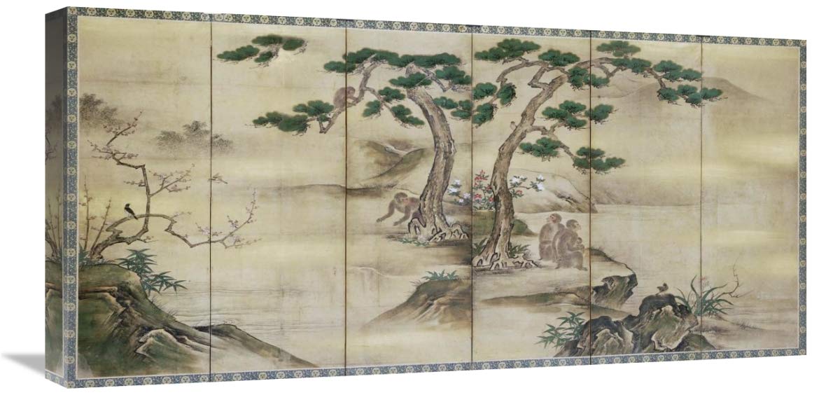 30 Inch Japanese Kano School Six-Panel Folding Screen Art Print - Birds, Flowers & Monkeys Design - Perfect for Home Decor, Office & Asian-Inspired Interior Design
