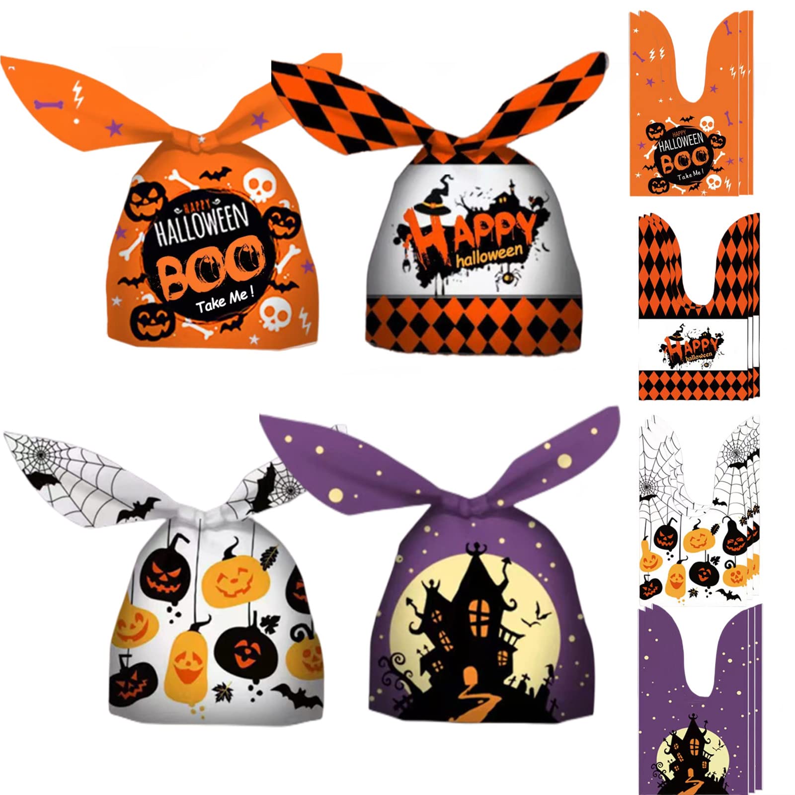 100 Pcs Halloween Treat Bags - 4 Cute Designs Plastic Candy Bags for Kids Trick or Treat, Halloween Party Favors & Goodie Bags - Perfect for Classroom Treats, Neighborhood Halloween Parties & Candy Exchange Events
