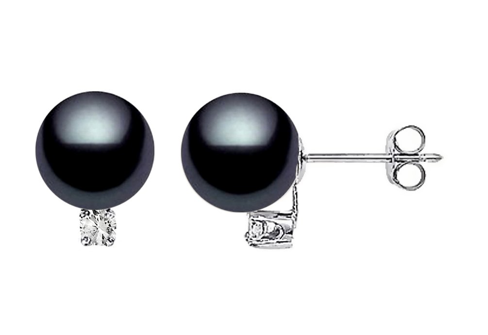 14K White Gold AAAA Quality Japanese Black Akoya Cultured Pearl & Diamond Stud Earrings for Women | Premium Pearl Jewelry for Weddings, Parties & Special Occasions