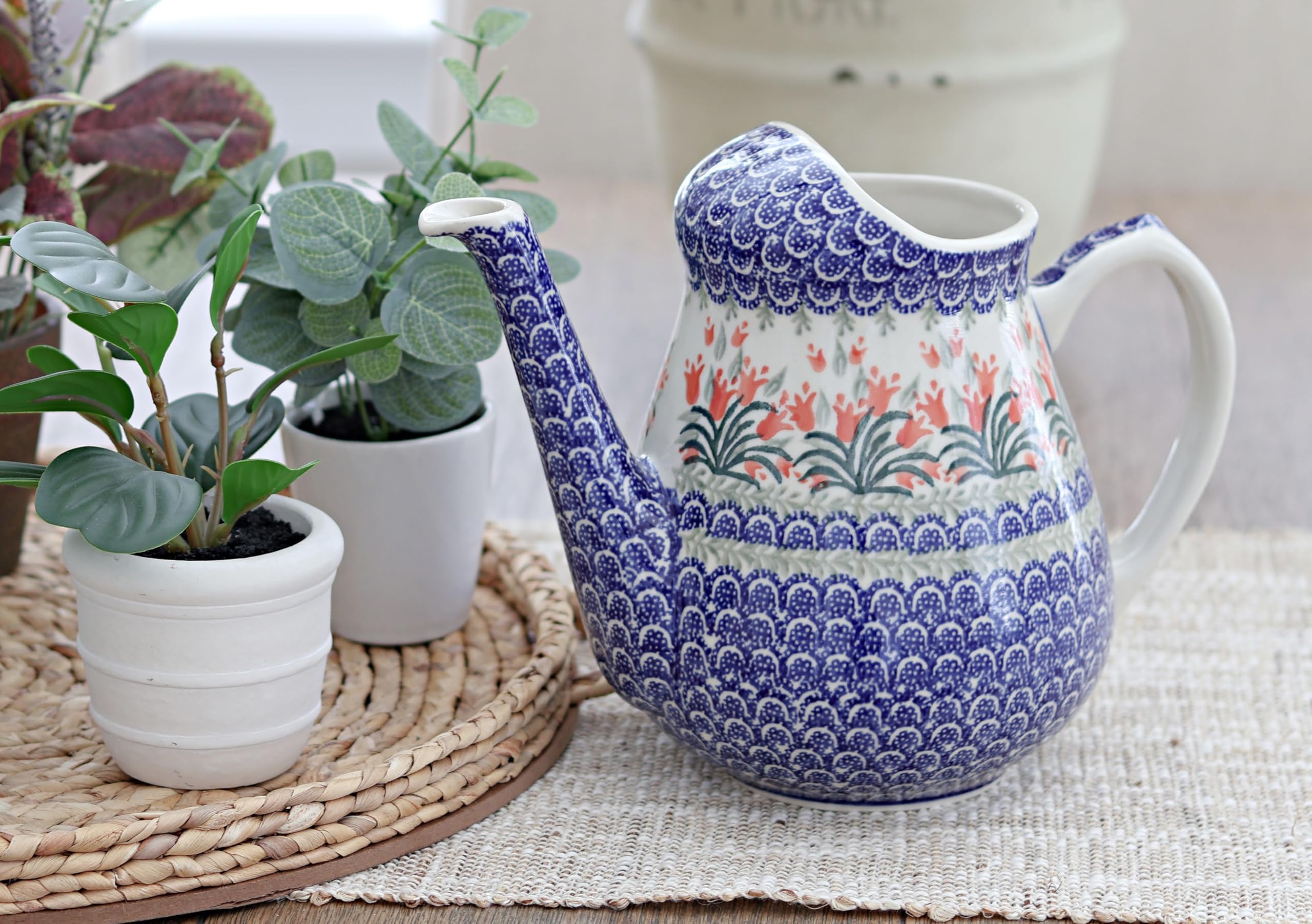 Blue Rose Polish Pottery Spring Tulip Watering Can - Handmade Ceramic Garden Watering Pot for Indoor & Outdoor Plants, Flowers, and Home Decor | Perfect Gift for Garden Lovers