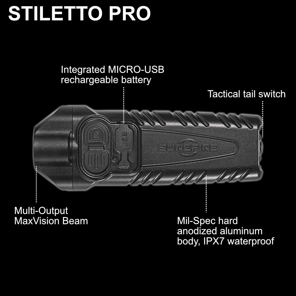 SureFire Stiletto PRO PLR-B 1000 Lumen Rechargeable LED Flashlight with Lumintrail USB Wall Adapter - Compact EDC Pocket Light for Camping, Hiking & Emergency Preparedness