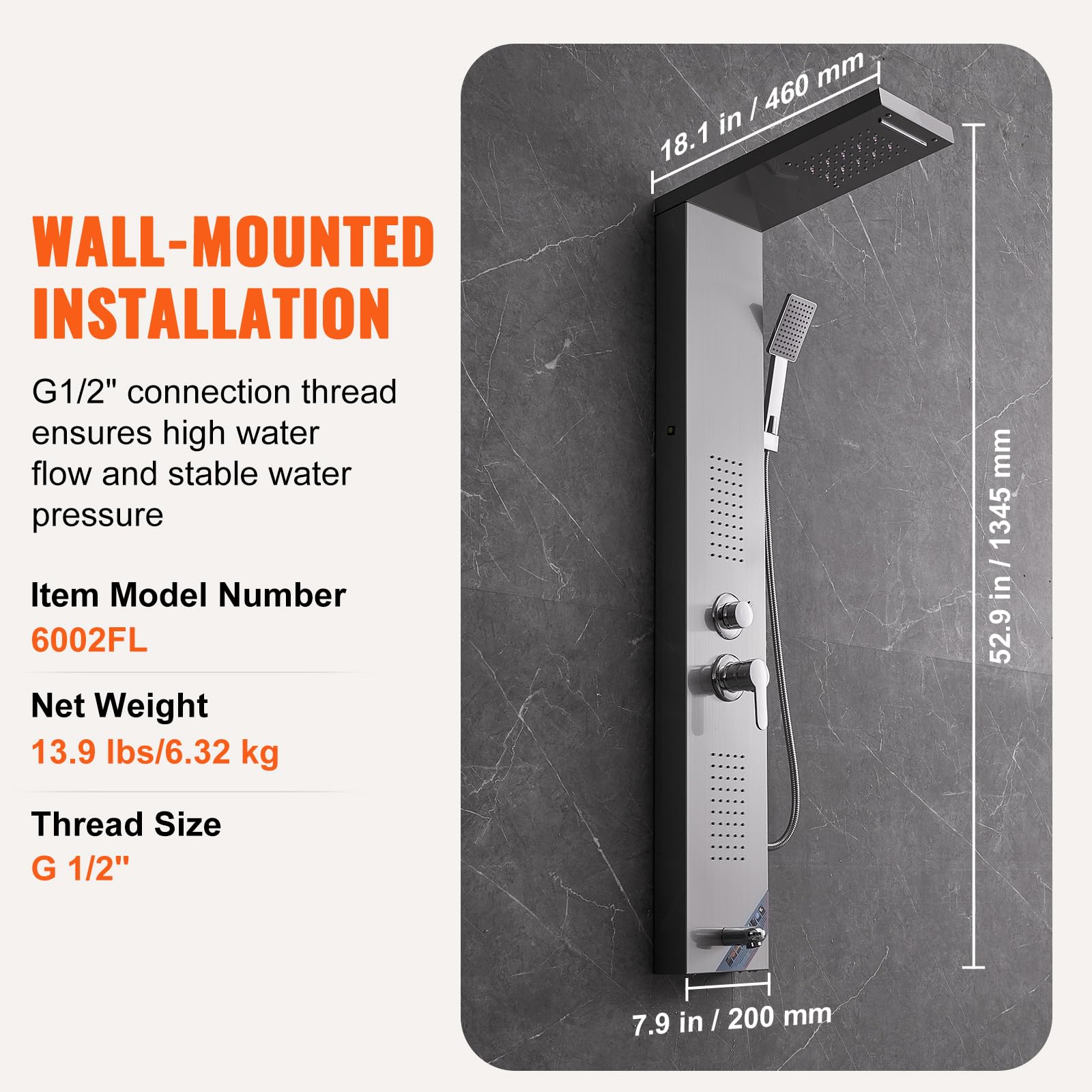 VEVOR Stainless Steel Shower Panel System with 5 Shower Modes - LED Rainfall Shower Head, Waterfall, 2 Body Massage Jets, Tub Spout & Handheld Shower with 59