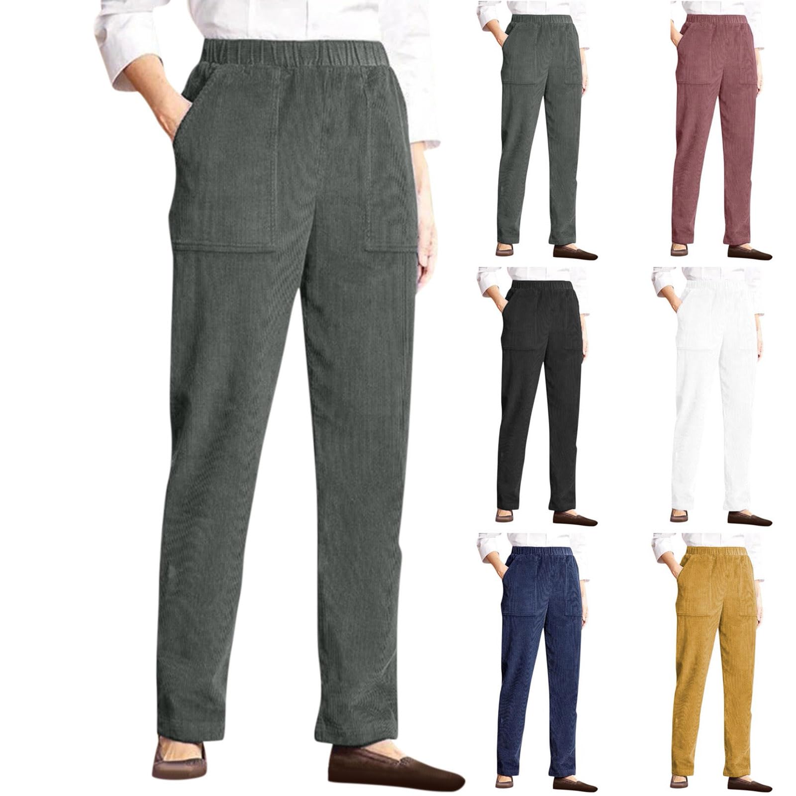 Vintage Corduroy Pants for Women - High Waist Elastic Straight Wide Leg Lounge Work Trousers with Pockets | Fall Winter Casual Outfit, Office Wear & Everyday Comfort