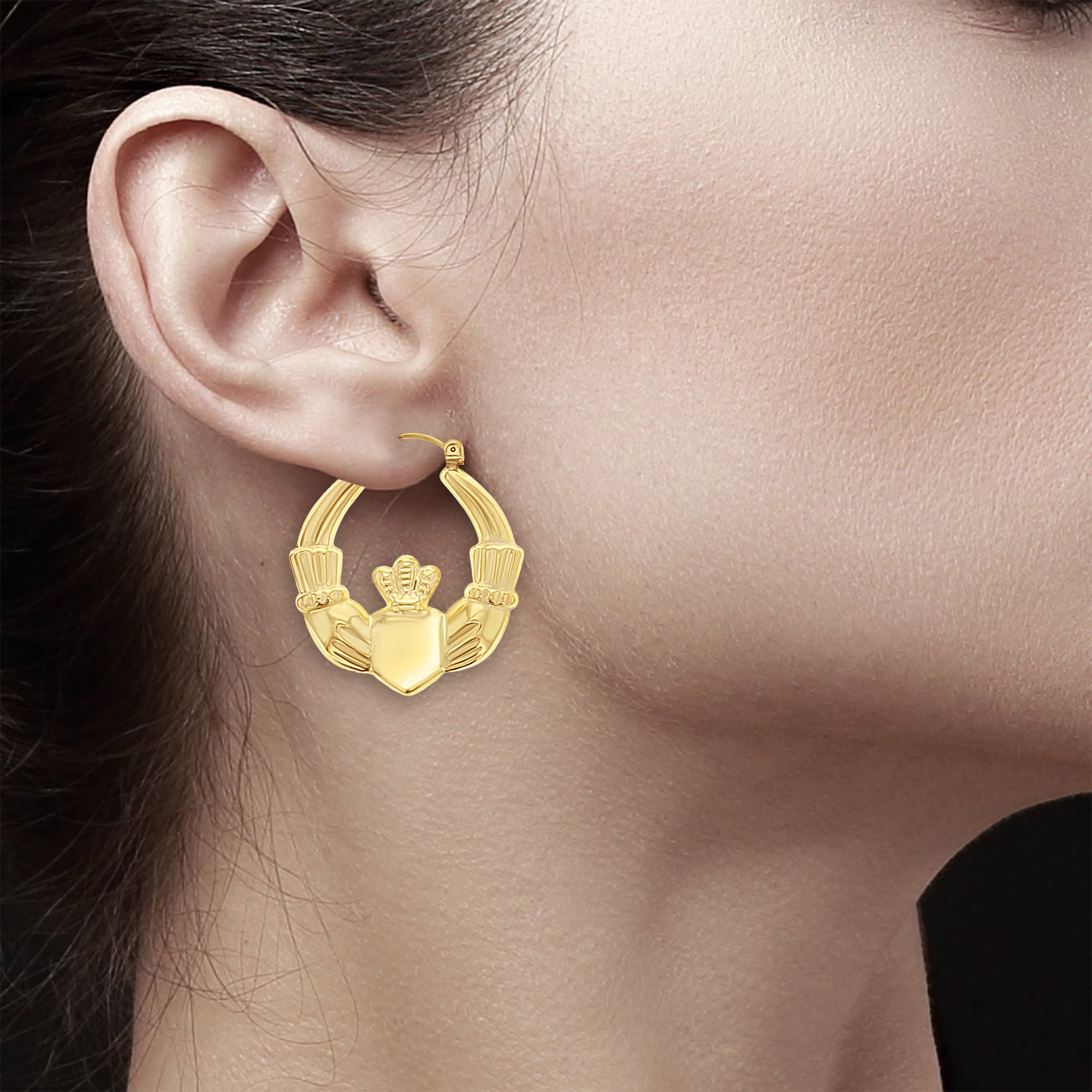 14k Yellow Gold Polished Claddagh Hoop Earrings - Perfect for Irish Weddings, Anniversaries & St. Patrick's Day Gifts