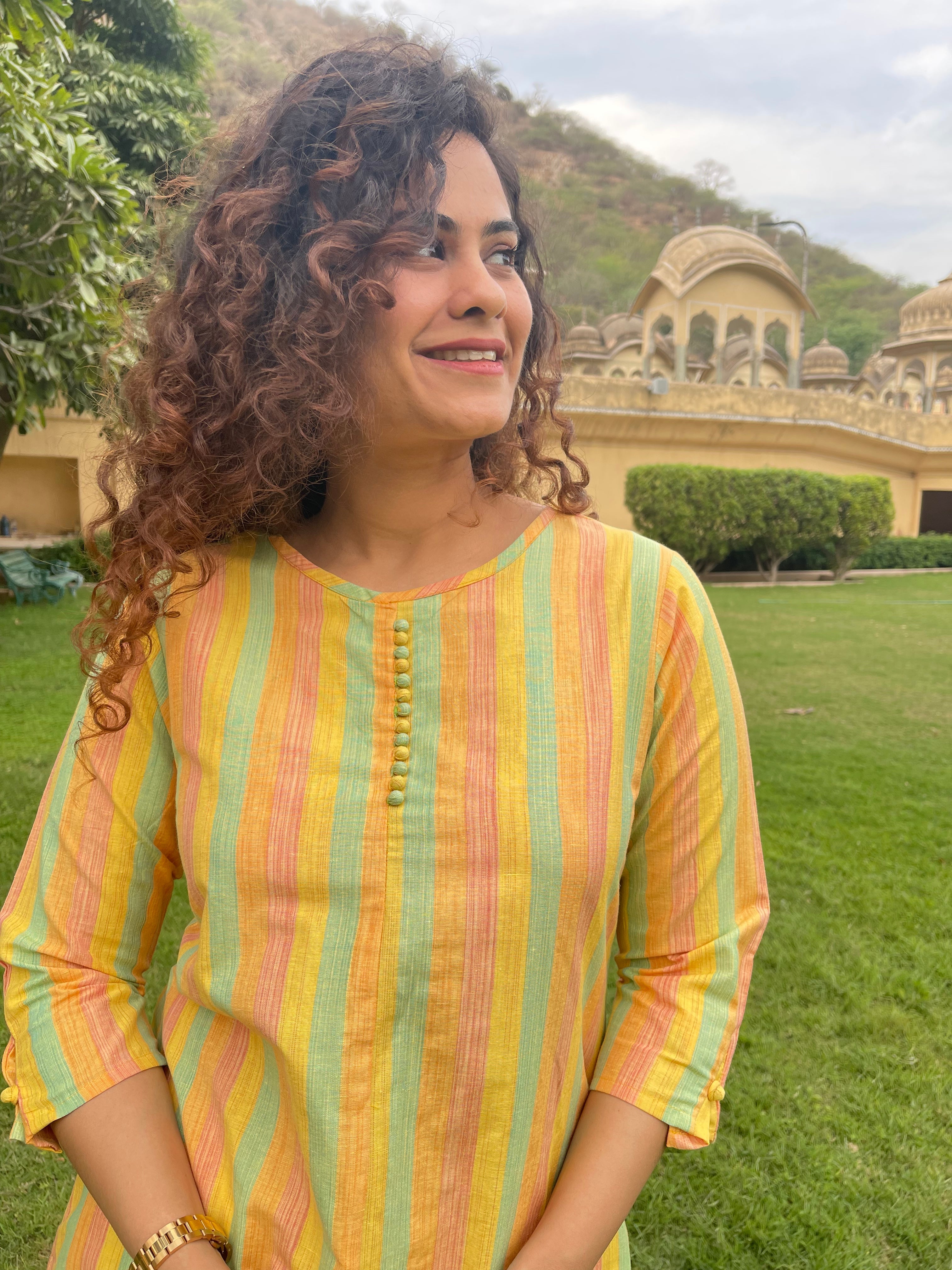 Stylish Yellow Cotton Stripes Kurta Set for Women - Comfortable & Trendy Indian Ethnic Wear - Perfect for Festivals, Parties & Casual Outings