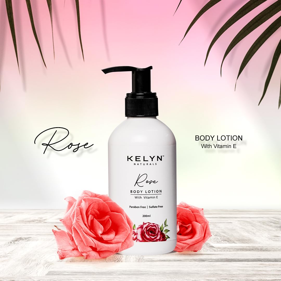 KELYN Vitamin E Rose Body Lotion for Dry Skin - 24 Hour Moisturizing Cream with Pump Bottle (200ml) | Perfect for Daily Hydration & Soft Skin Care Routine