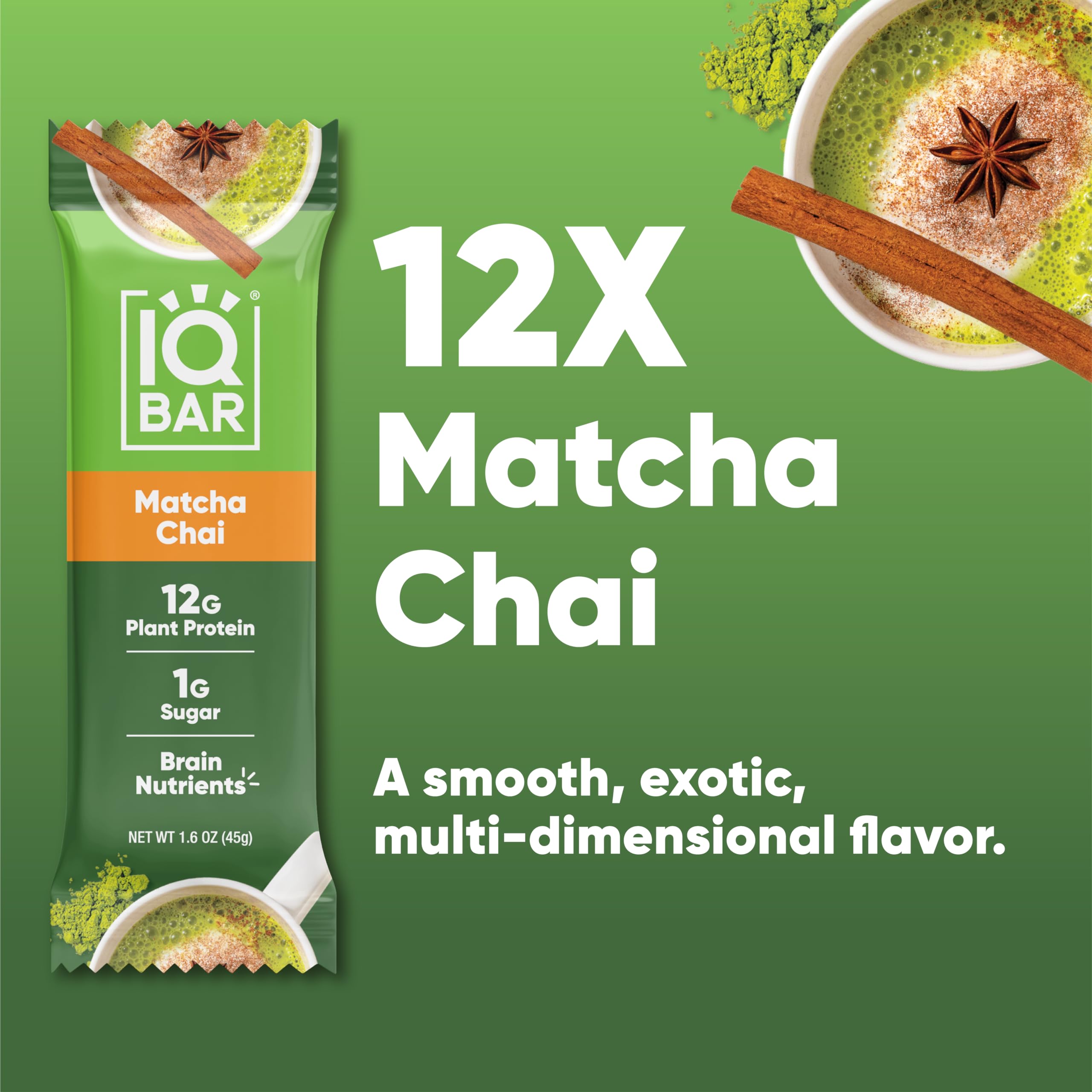 IQBAR Brain and Body Plant Protein Bars - Matcha Chai Flavor - 12 Pack Low Carb Vegan Snacks | Gluten Free, High Fiber, Keto Friendly | Healthy Meal Replacement for Workout, Travel & On-the-Go Energy Boost