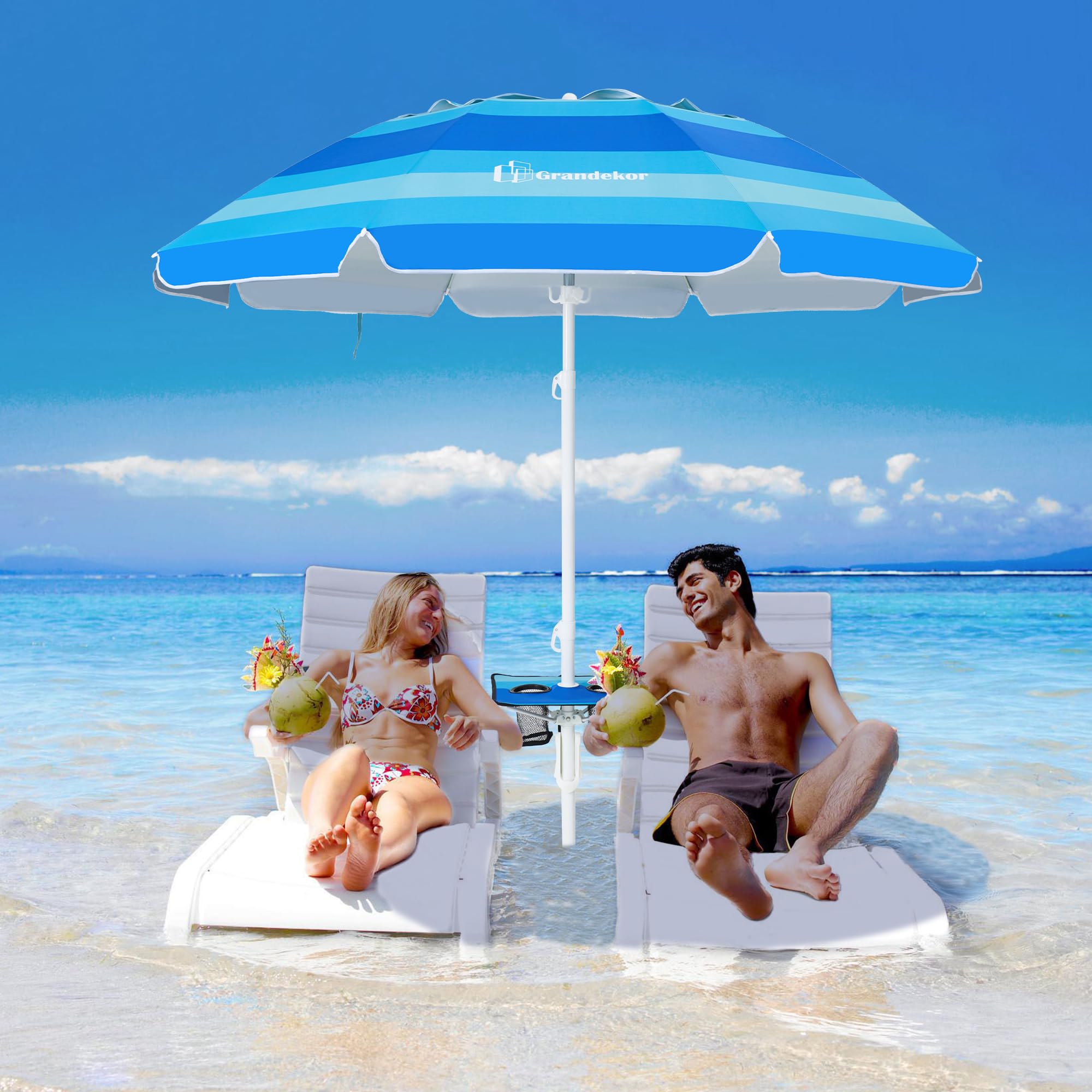 Grandekor 7FT Heavy Duty Windproof Beach Umbrella with Sand Anchor, UV 50+ Sun Protection, Portable Travel Umbrella with Carry Bag & Side Table - Perfect for Beach, Pool, Picnics, and Outdoor Adventures