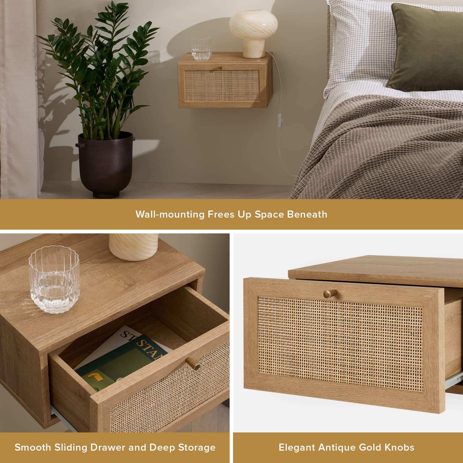 Mopio Hannah Floating Nightstand Set of 2 - Natural Rattan Farmhouse Boho Wall Mounted Bedside Table with Drawer & Spacious Storage - Perfect for Small Bedrooms, Living Rooms & Studio Apartments