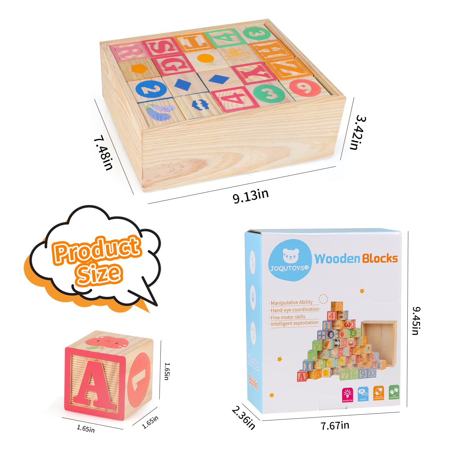 Joqutoys 40 PCS ABC Wooden Building Blocks for Toddlers - Large Alphabet & Number Stacking Blocks with Storage Tray - Montessori Educational Learning Toys for Boys & Girls Ages 1-3 - Perfect Gift for Preschool Learning & Creative Play