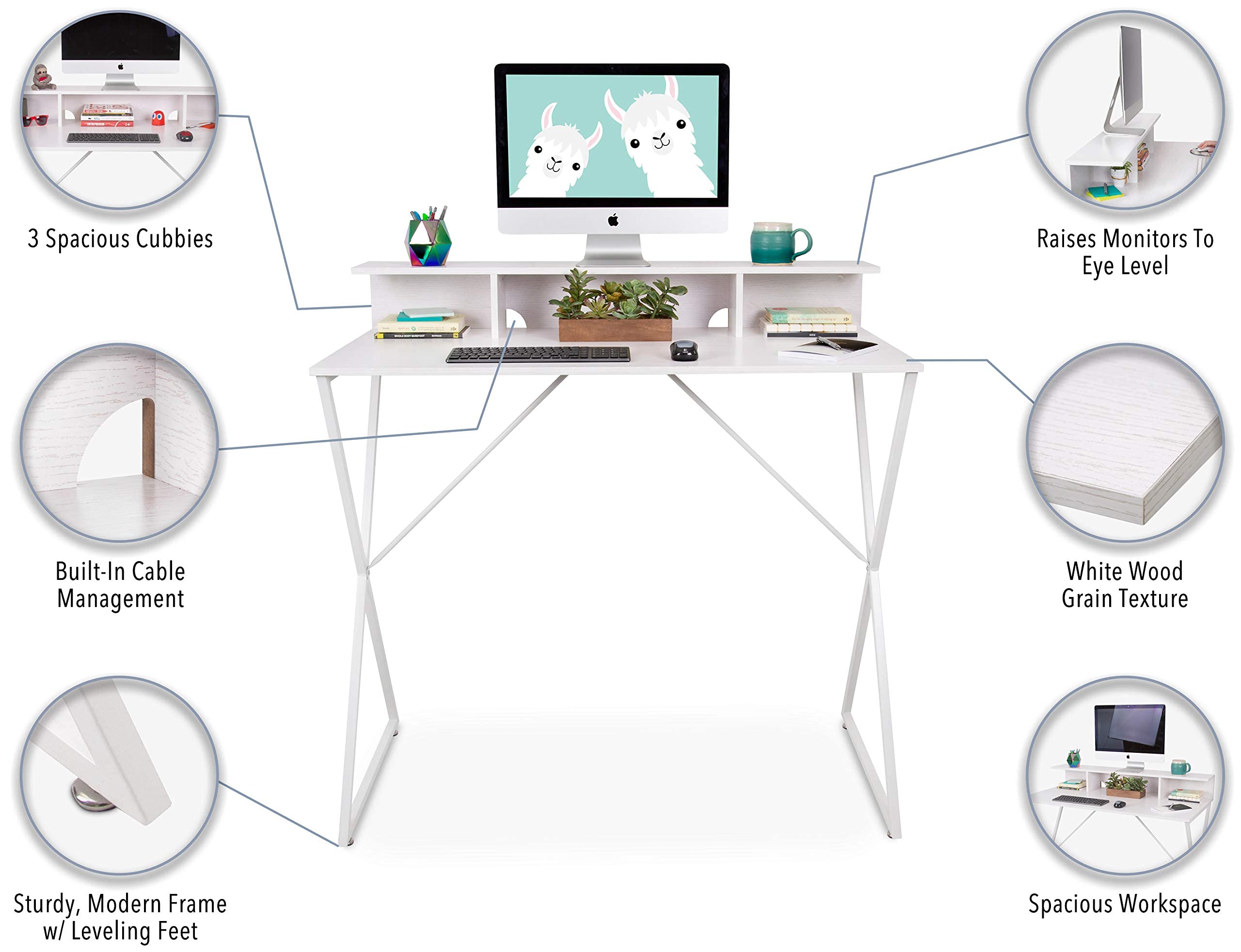 Ergonomic Standing Desk with Shelf & Storage | Adjustable Height Workstation for Home Office, Dorm & Reception | Modern White Standing Desk (48