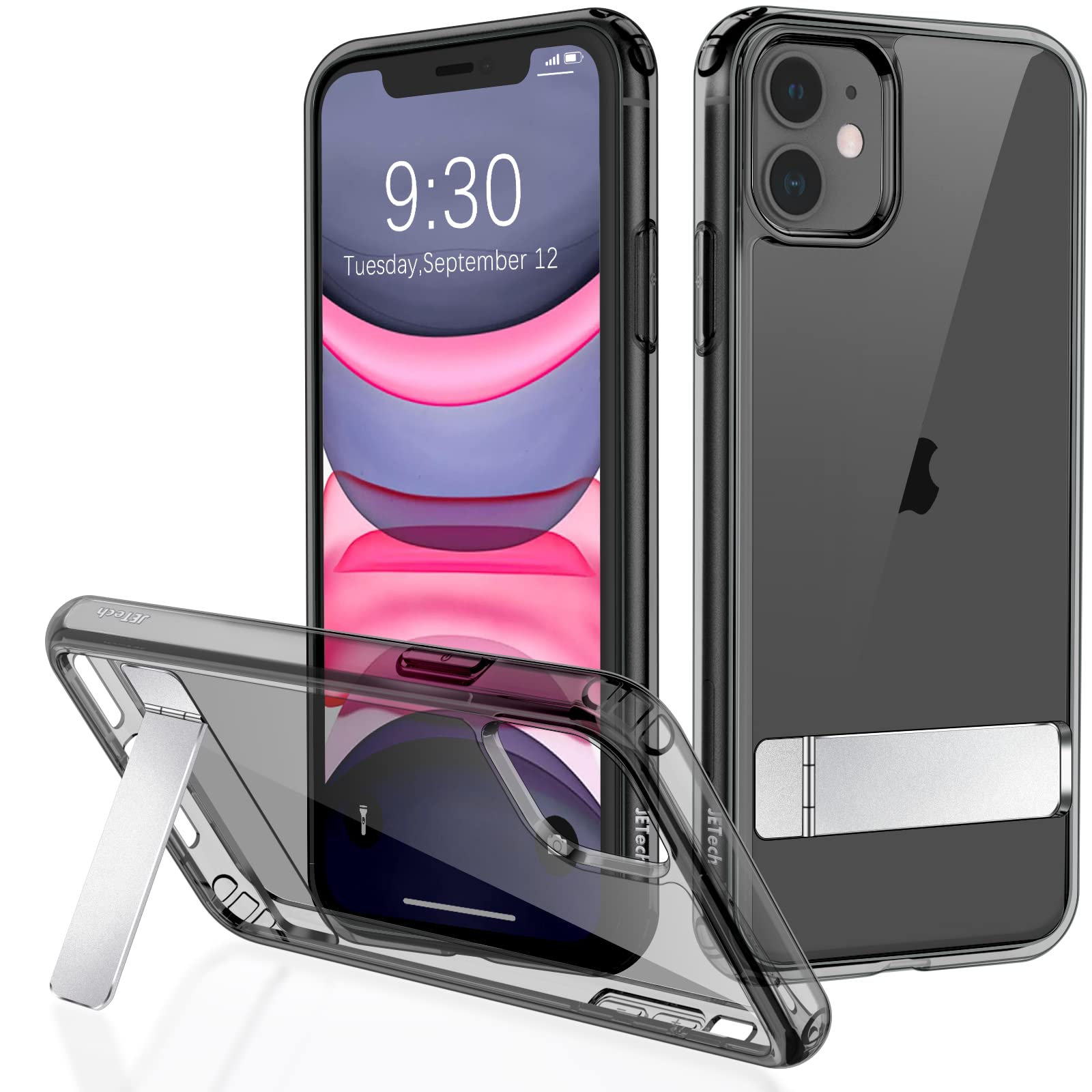 JETech iPhone 11 Case 6.1 Inch - Slim Shockproof Bumper Cover with 3-Way Metal Kickstand & Wireless Charging Support | Perfect for Work, Travel & Everyday Use (Black)