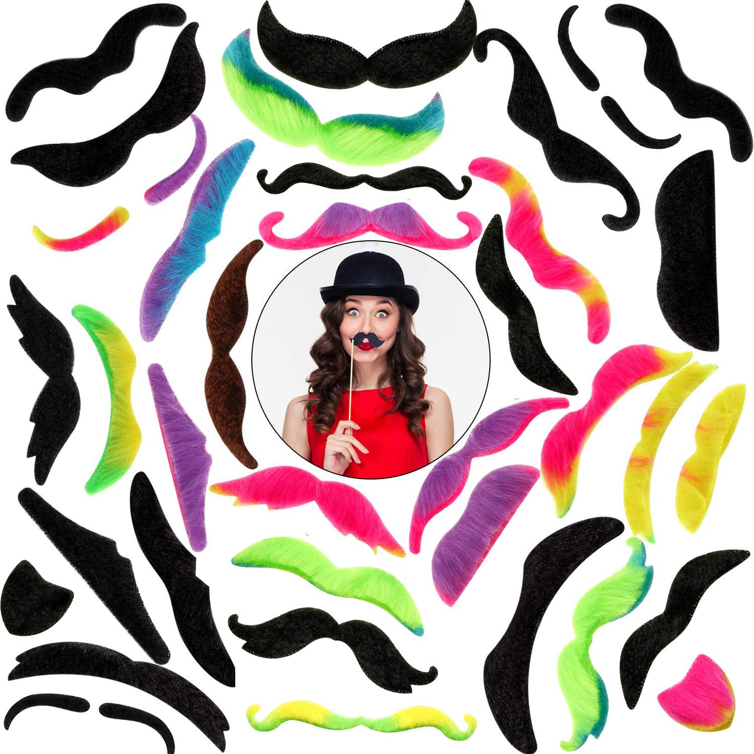 48 Pieces Self-Adhesive Fake Mustaches - Novelty Costume Mustaches for Halloween, Masquerade & Fiesta Parties - Perfect for Cosplay, Dress-Up & Themed Events