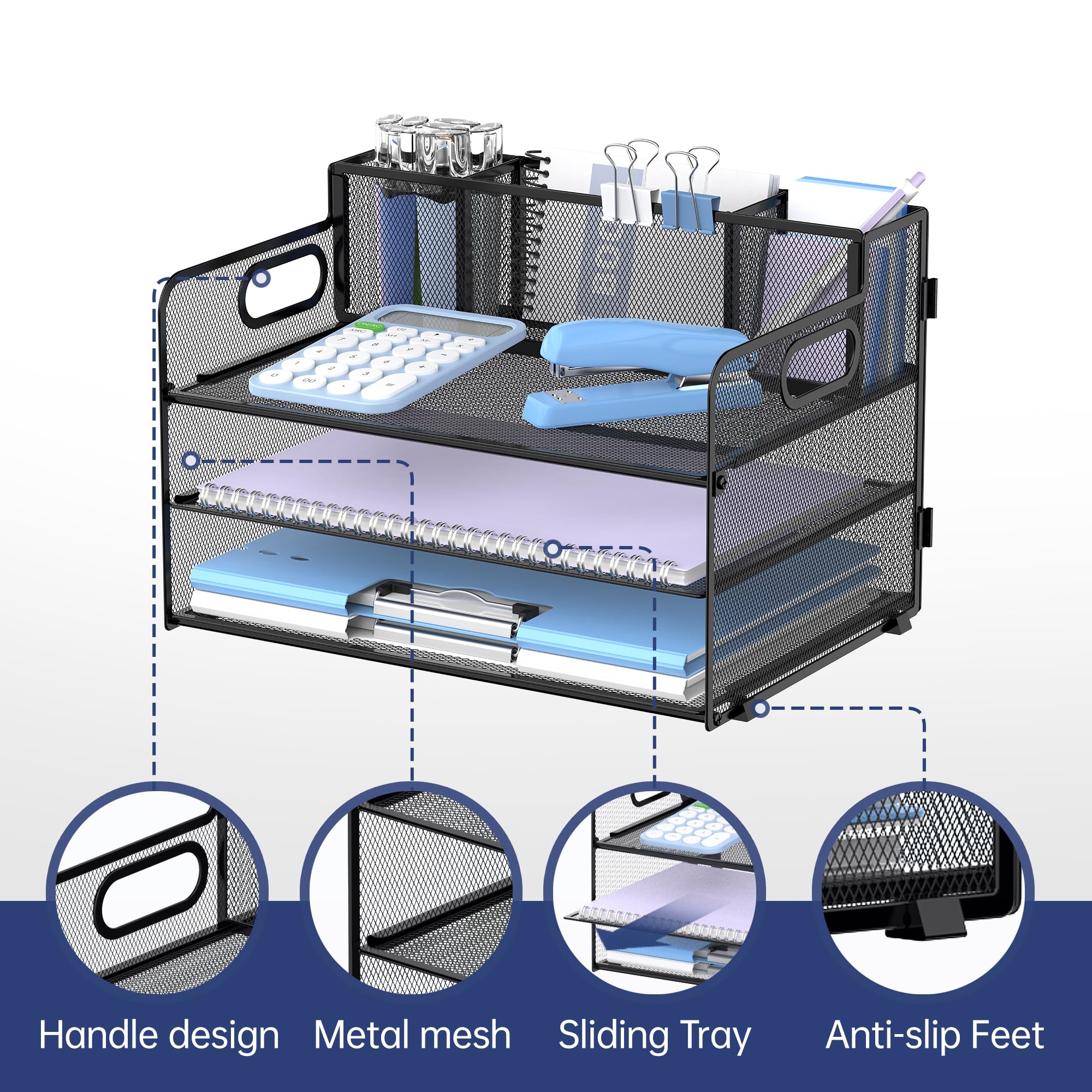 SUPEASY 3-Tier Mesh Desk Organizer with Handle & Pen Holders - Black Office File Tray for Paper, Letters, and Supplies | Perfect for Home, Office, and Workspace Organization