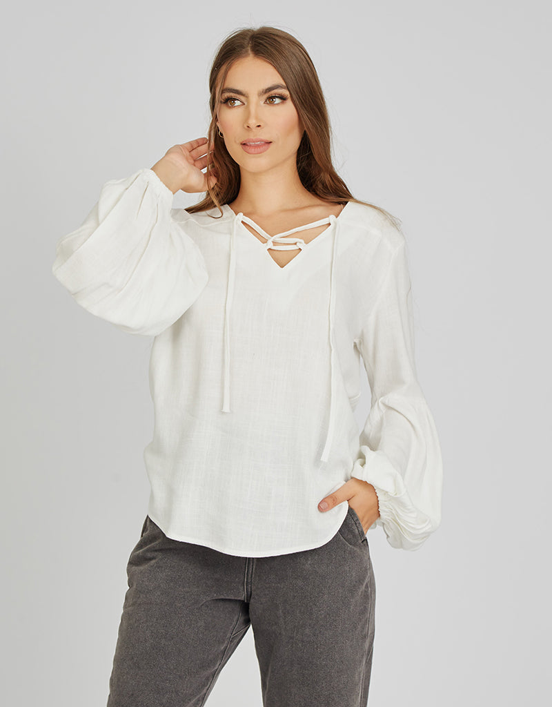 Linen Cross Neck Tie Puff Sleeve Blouse - Women's Elegant Summer Tops for Office, Date Night & Casual Outings