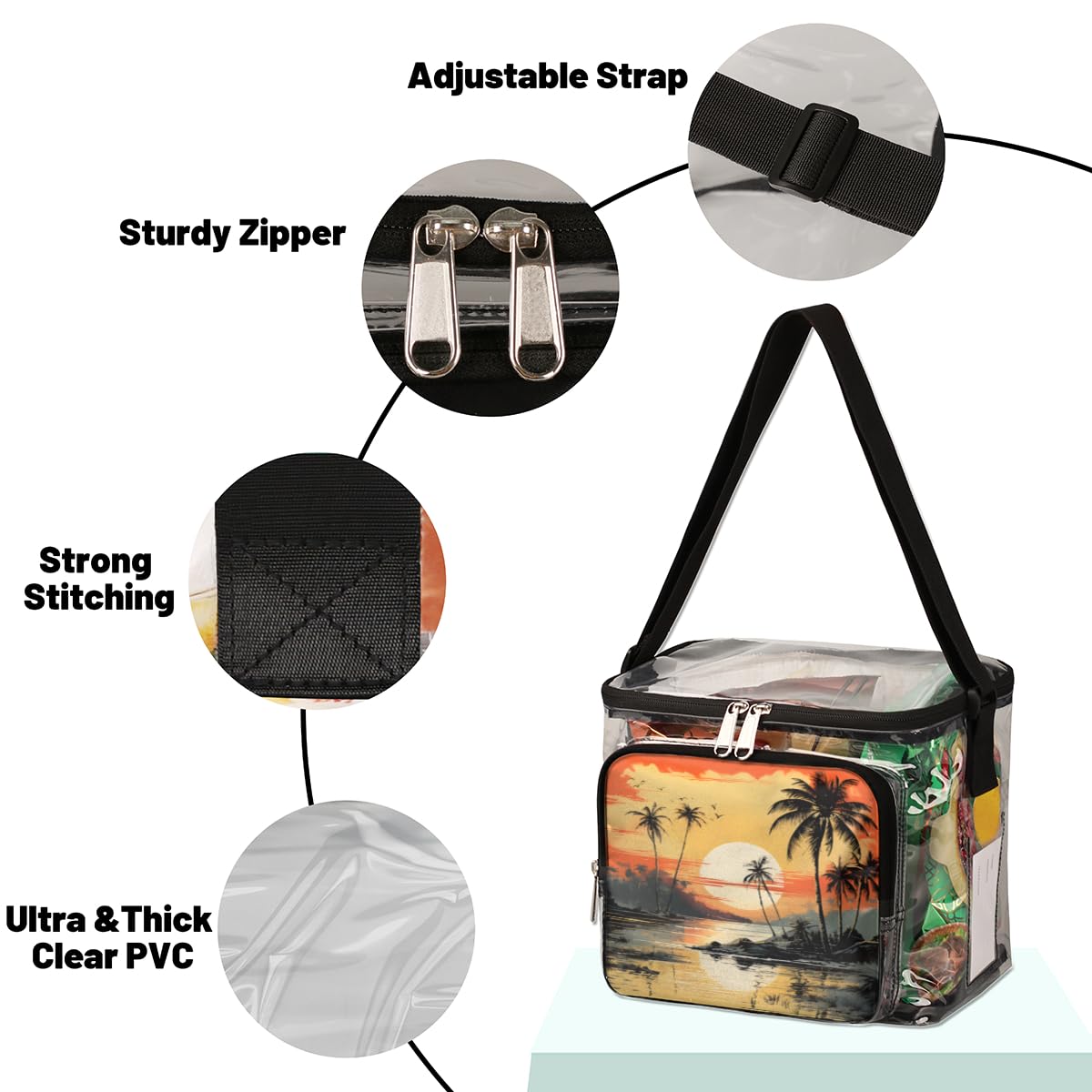 GzLeyigou Clear Transparent Beach Tote Bag with Handles - Waterproof Crossbody Shoulder Bag for Summer, Travel, Picnic, Concerts & Sports Events | Stadium Approved | Tropical Coconut Palm Design | Perfect for Pool Parties, Music Festivals & Outdoor Adventures