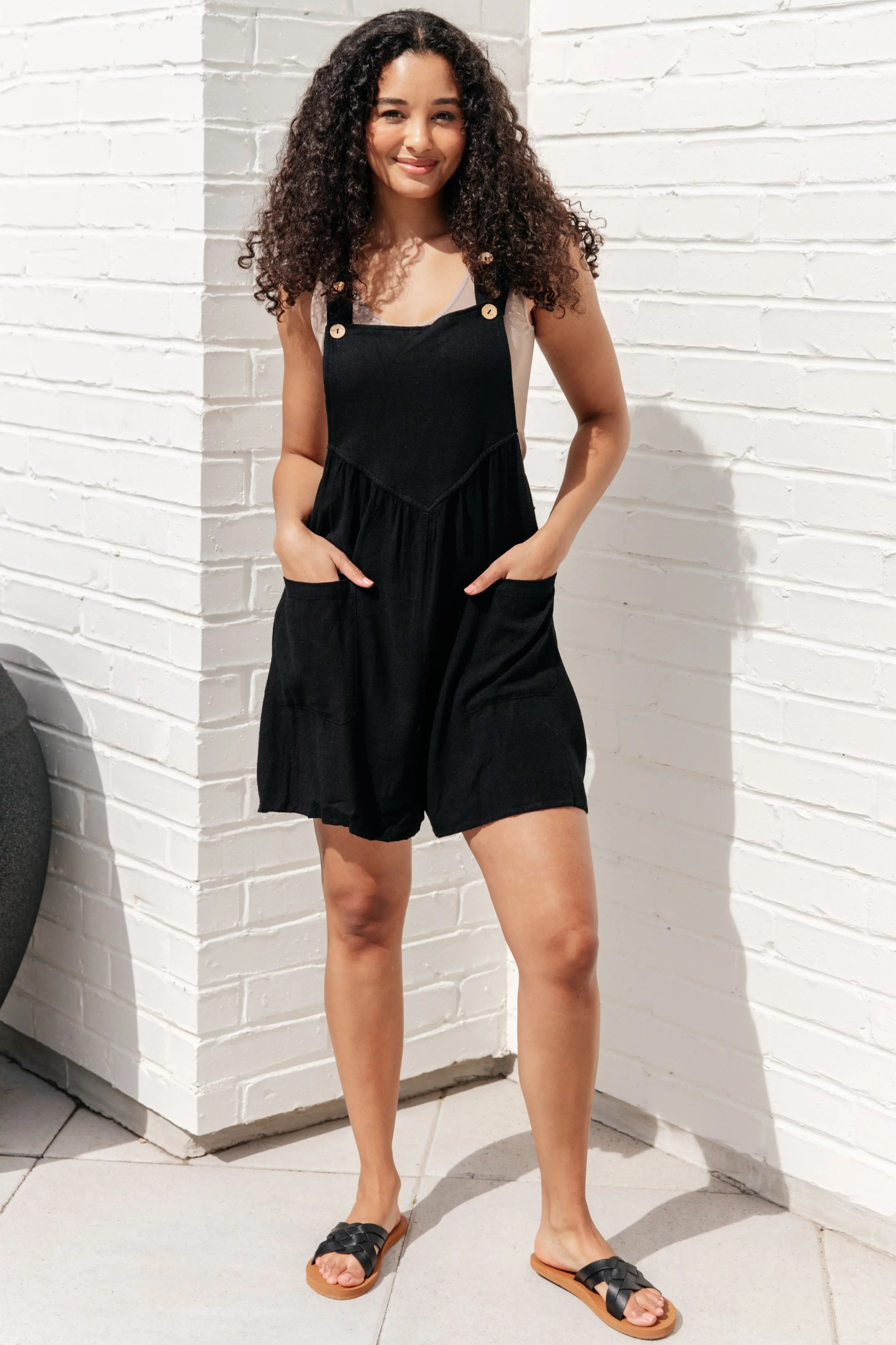 Black Linen Blend Shortalls for Women - Comfortable & Stylish Jumpsuit for Casual Outings, Summer Wear, and Outdoor Activities