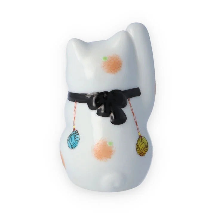 Authentic Japanese Kutani Yaki Maneki Neko Lucky Cat Figurine - Traditional Mizuhiki Decorative Knot Black Ceramic - Perfect for Home Decor, Office Feng Shui & Japanese Culture Collectors