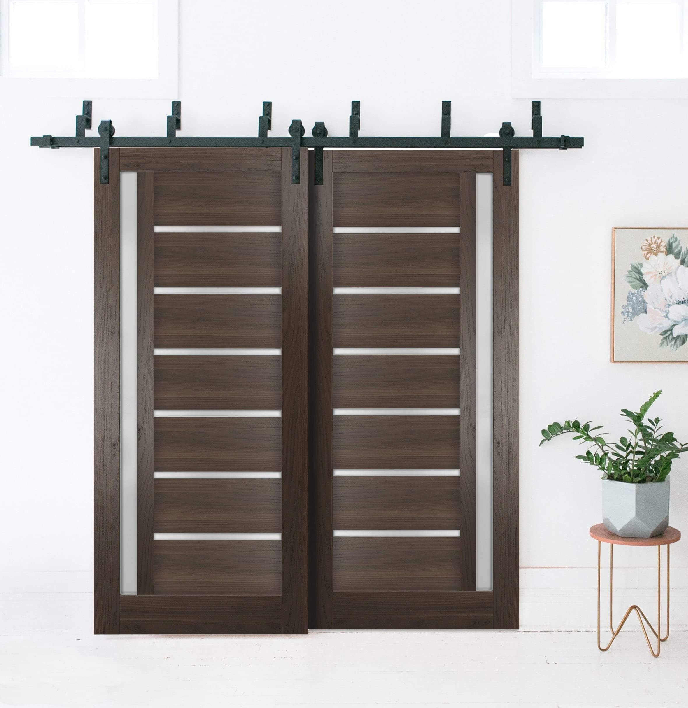SARTODOORS 24x80 Inch Frosted Glass Slab Barn Door Panel - Quadro 4088 Chocolate Ash Finish | Solid Wood Construction | Perfect for Bedroom Closets, Pantries & Room Dividers | Smooth Sliding Pocket Door System