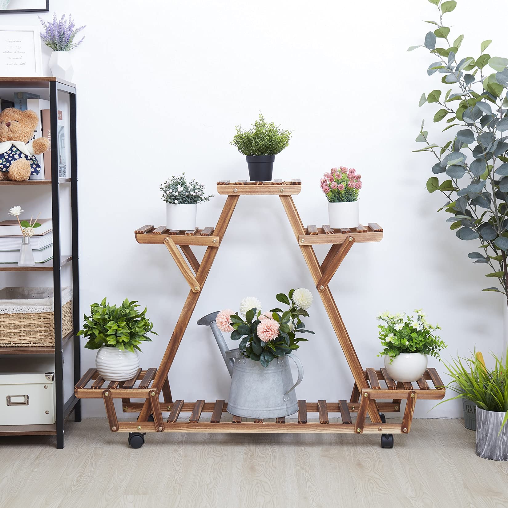 Triangular Plant Stand with Wheels - 6 Tier Carbonized Wood Flower Pot Holder Shelf for Indoor & Outdoor Garden Organizer - Gold Finish | Perfect for Balcony, Patio, and Home Decor Storage Solution