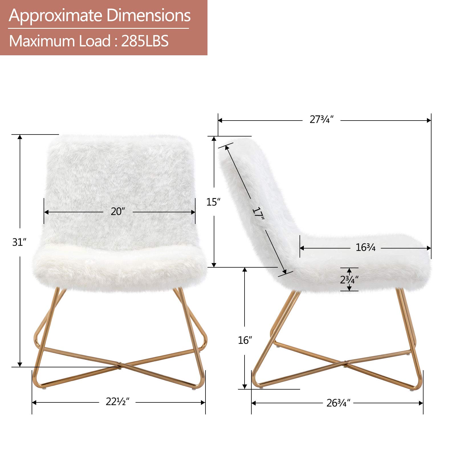 DUHOME White Faux Fur Upholstered Accent Chair - Modern Living Room & Office Desk Chair with Gold Metal Legs - Perfect for Cozy Home Decor, Reading Nook & Workspace
