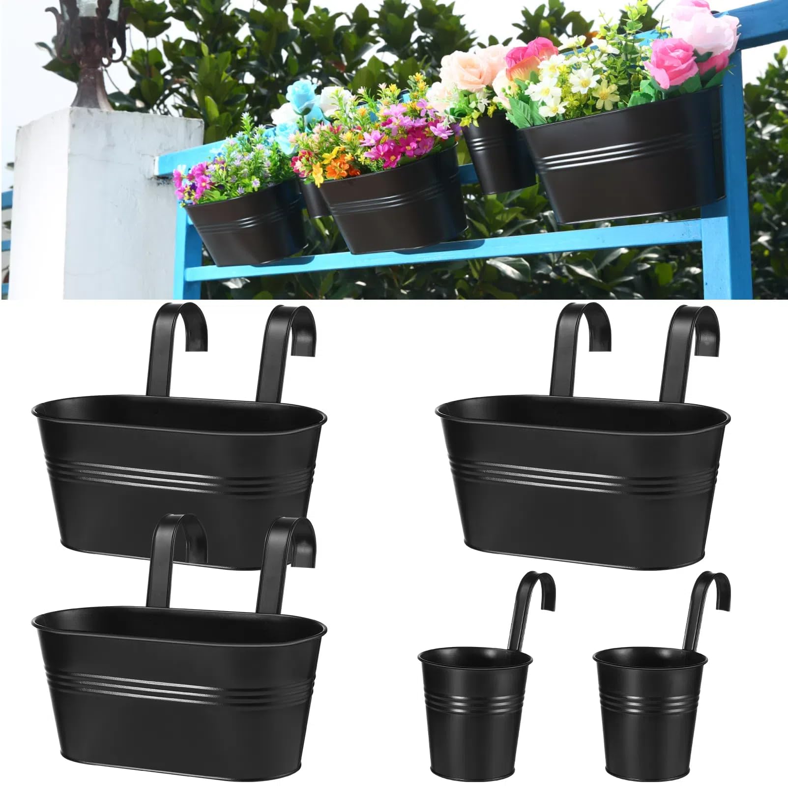 Outdoor Balcony Railing Hanging Planters - 5 Pack Matte Black Deck Planter Boxes for Flowers, Herbs & Succulents | Perfect for Window Boxes, Fence Planters & Vertical Gardens