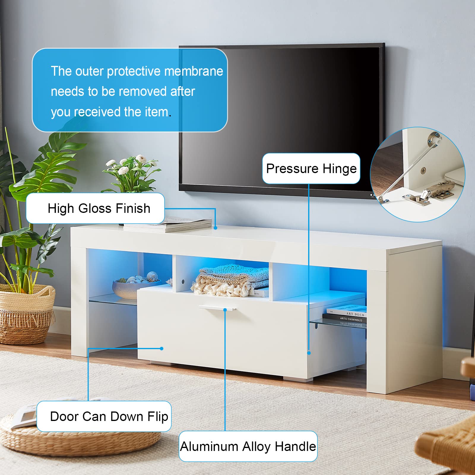 Modern TV Stand with 16-Color LED Lights - High Gloss Entertainment Center Console Table for 45-55 Inch TVs - White TV Cabinet for Living Room & Bedroom - Perfect for Movie Nights & Gaming Setup