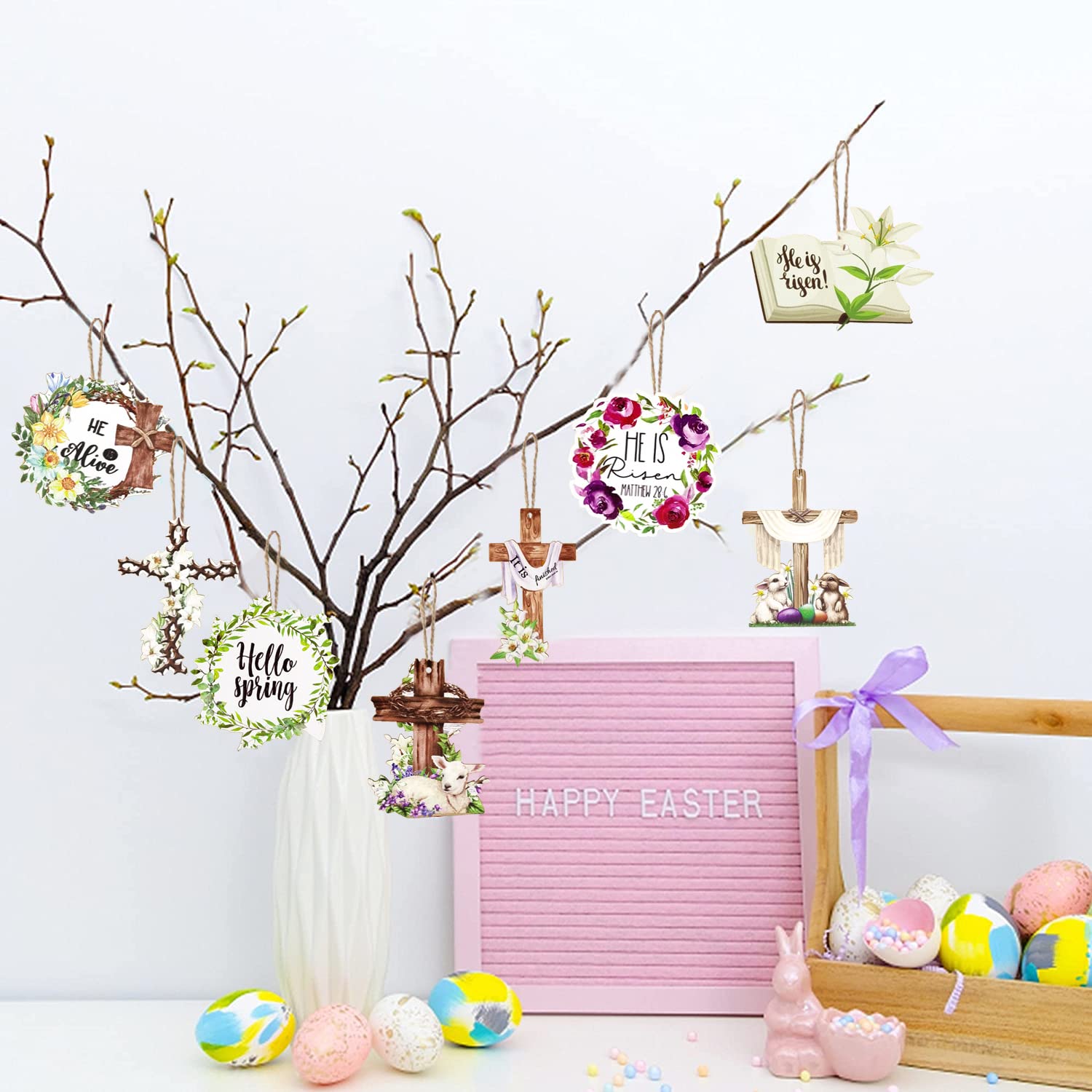 24-Piece Happy Easter Wooden Hanging Signs - Religious Cross Ornaments with 