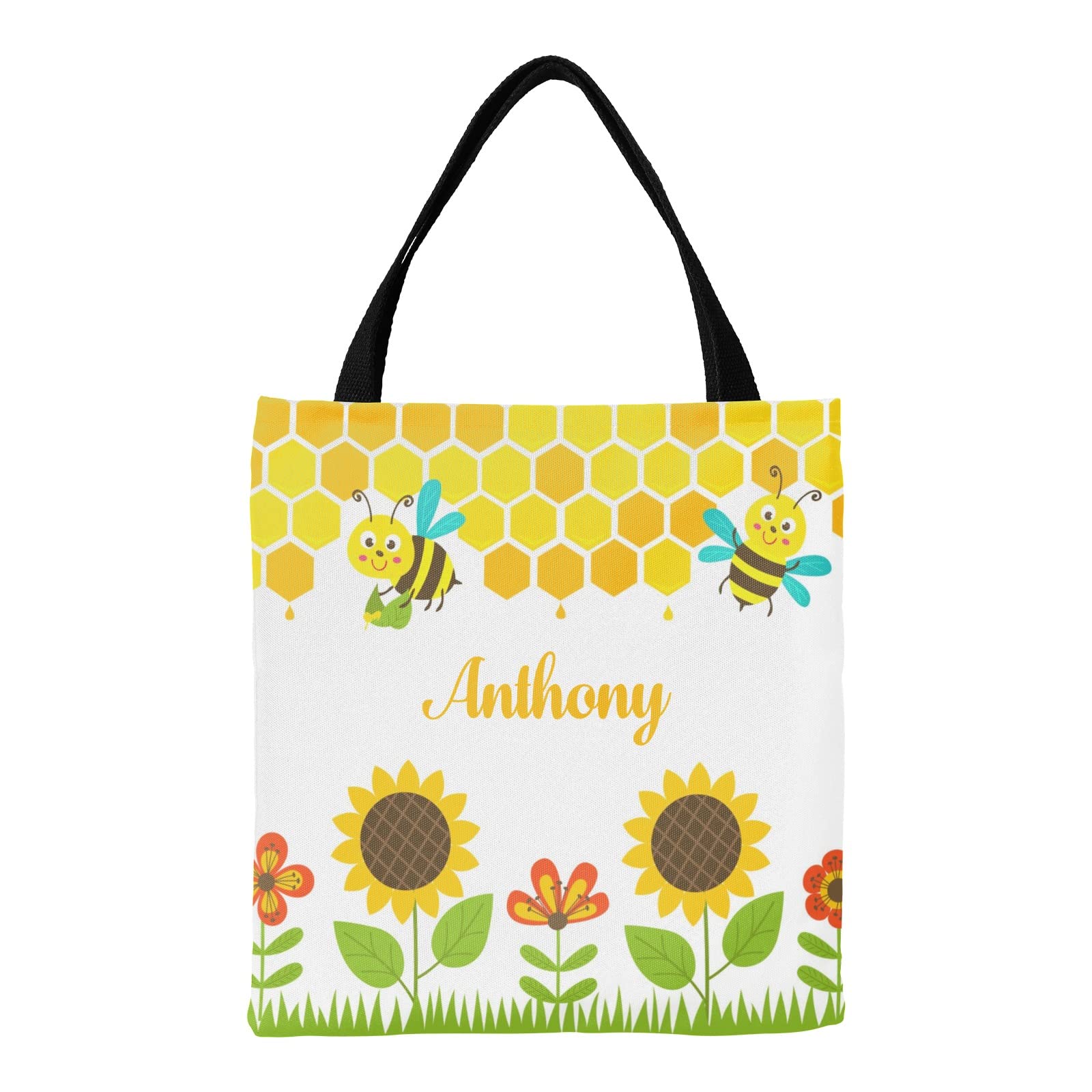 Personalized Canvas Tote Bag for Kids - Bee & Sunflower Design Reusable Shoulder Bag with Handles | Birthday Gift, School Backpack Alternative | Perfect for Daily Use, Shopping & Picnics