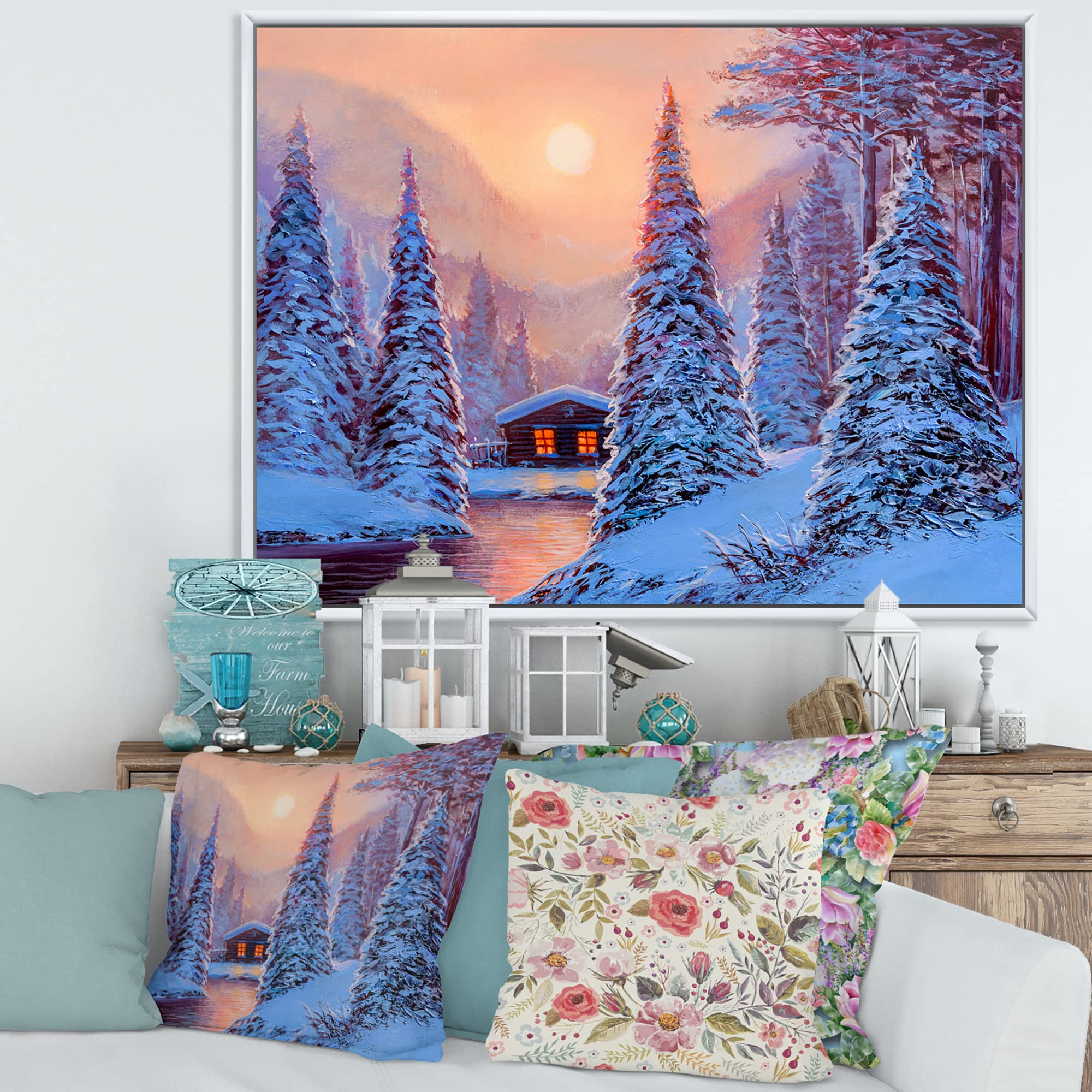 Winter Landscape & The River House In The Woods Framed Canvas Wall Art - Lake House Decor for Living Room, Bedroom & Office - Nature Scenery Painting for Home & Cabin Decoration