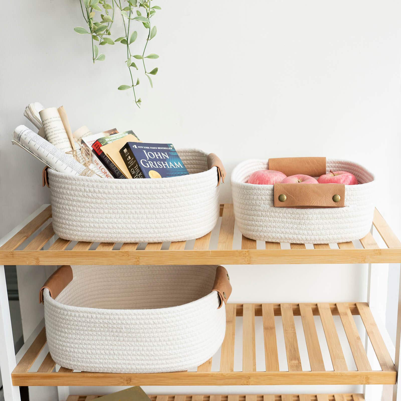 CHICVITA 3-Pack Rectangular Cotton Rope Storage Baskets with Handles - Woven Organizer for Books, Magazines, Toys | Perfect Nursery, Living Room & Home Decor Gift | Great for Baby Rooms, Shelves and Closet Organization