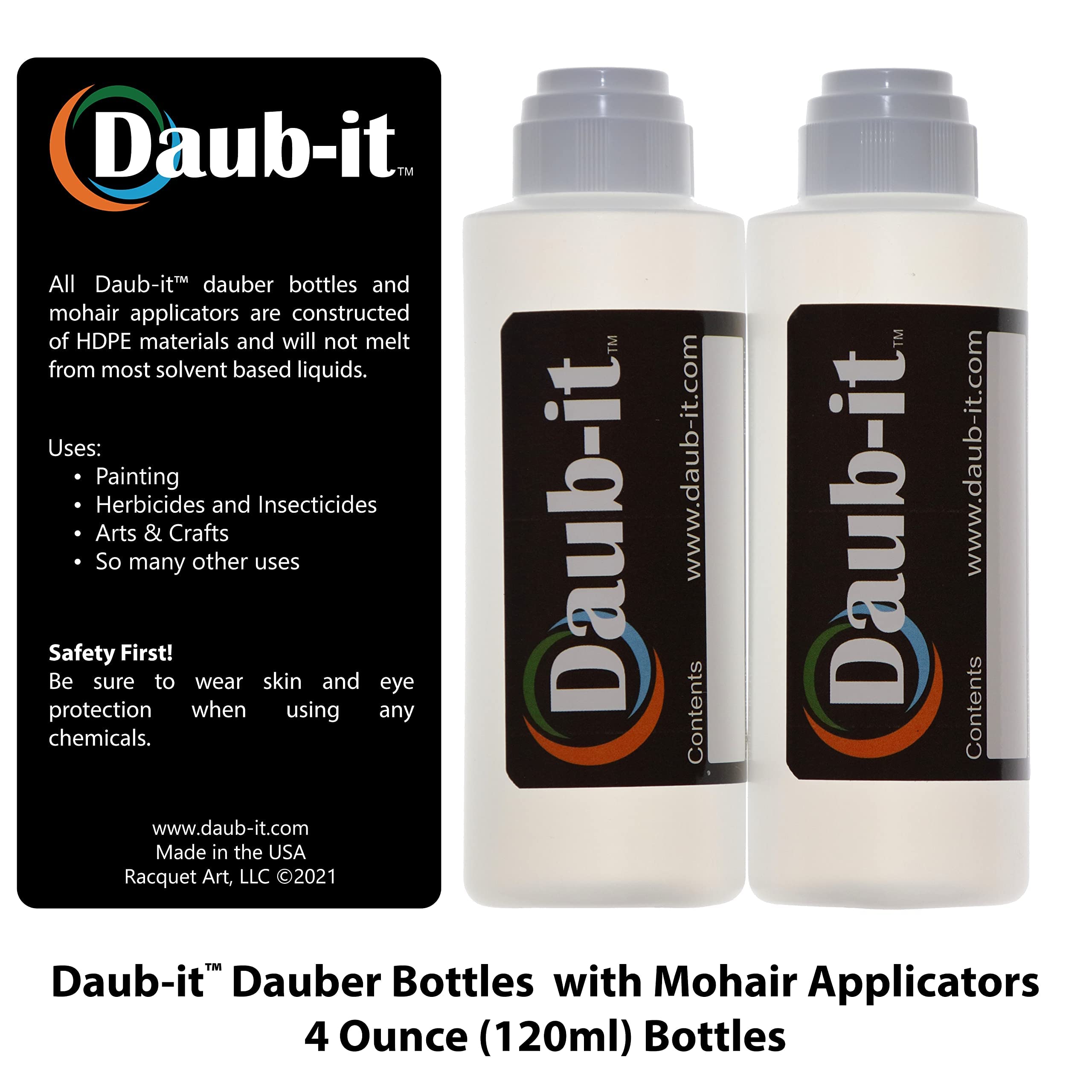 Daub-it Empty Bottles with Applicators - 4 oz Mohair Dauber Bottles - 2 Pack Set for Nail Polish, Leather Dye & Wood Staining