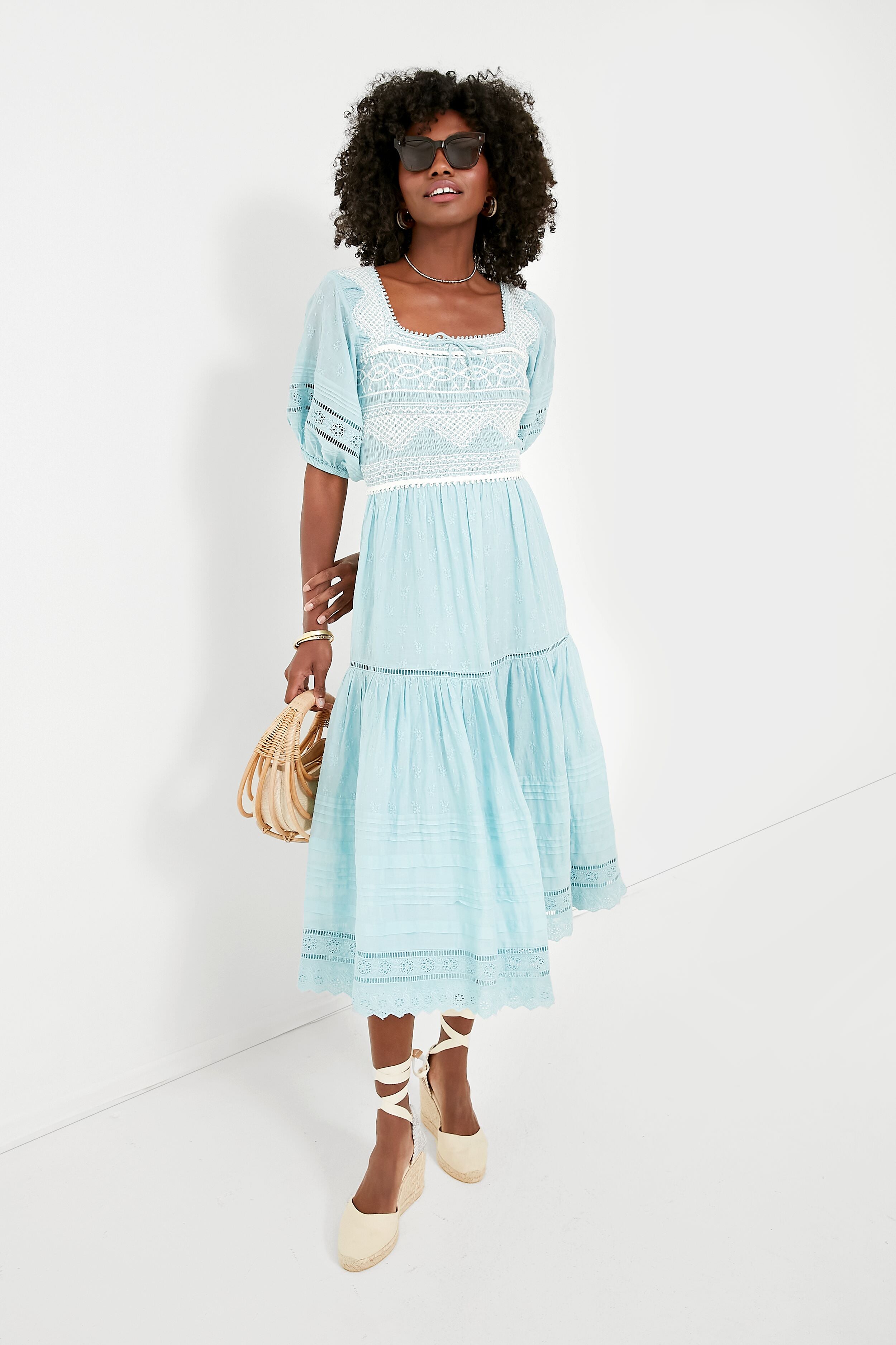 Blue Olga Hand Smocking Puff Sleeve Dress - Elegant Floral Summer Dress for Women, Perfect for Weddings, Parties & Beach Vacations