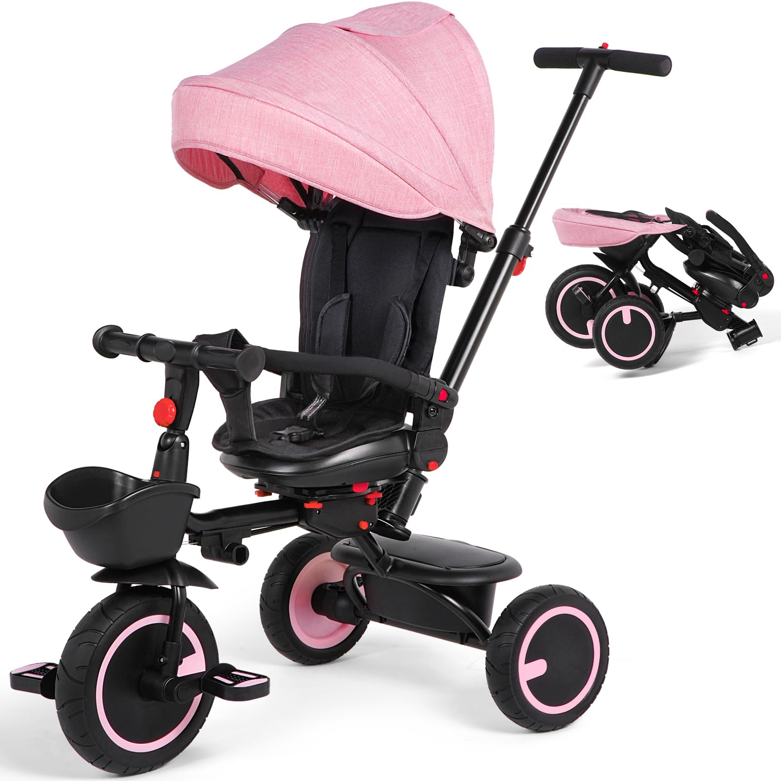 8-in-1 Toddler Tricycle with Push Handle & Rotatable Seat - Safe Baby Bike with Canopy, Safety Harness & Dual Brakes for Kids 7 Months to 5 Years - Perfect Pink Push Bike Gift for Birthdays, Parks & Outdoor Play