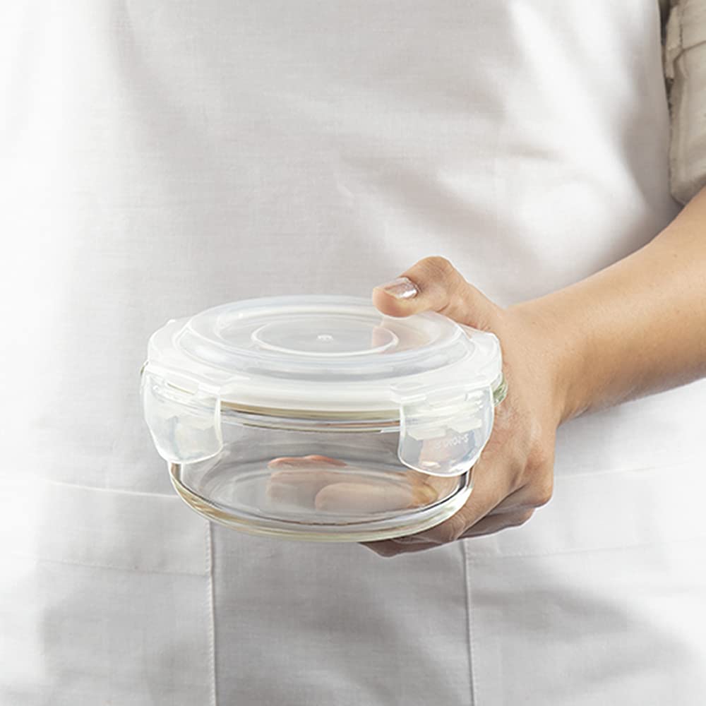 Borosil Klip N Store Airtight Glass Food Storage Containers Set of 2 (400ml Each) - Microwave & Oven Safe Round Kitchen Containers with Lids - Perfect for Meal Prep, Leftovers & Pantry Organization