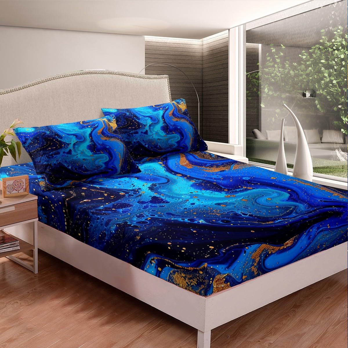 Erosebridal Marble Print Sheet Set - Trippy Grunge Fluid Golden Blue Tie Dye Swirl Gothic Abstract Art Design - Deep Pocket Fitted Sheet + Flat Sheet + Pillowcase - Twin Size - Perfect for Bohemian Bedroom Decor & Gothic Aesthetic Lovers