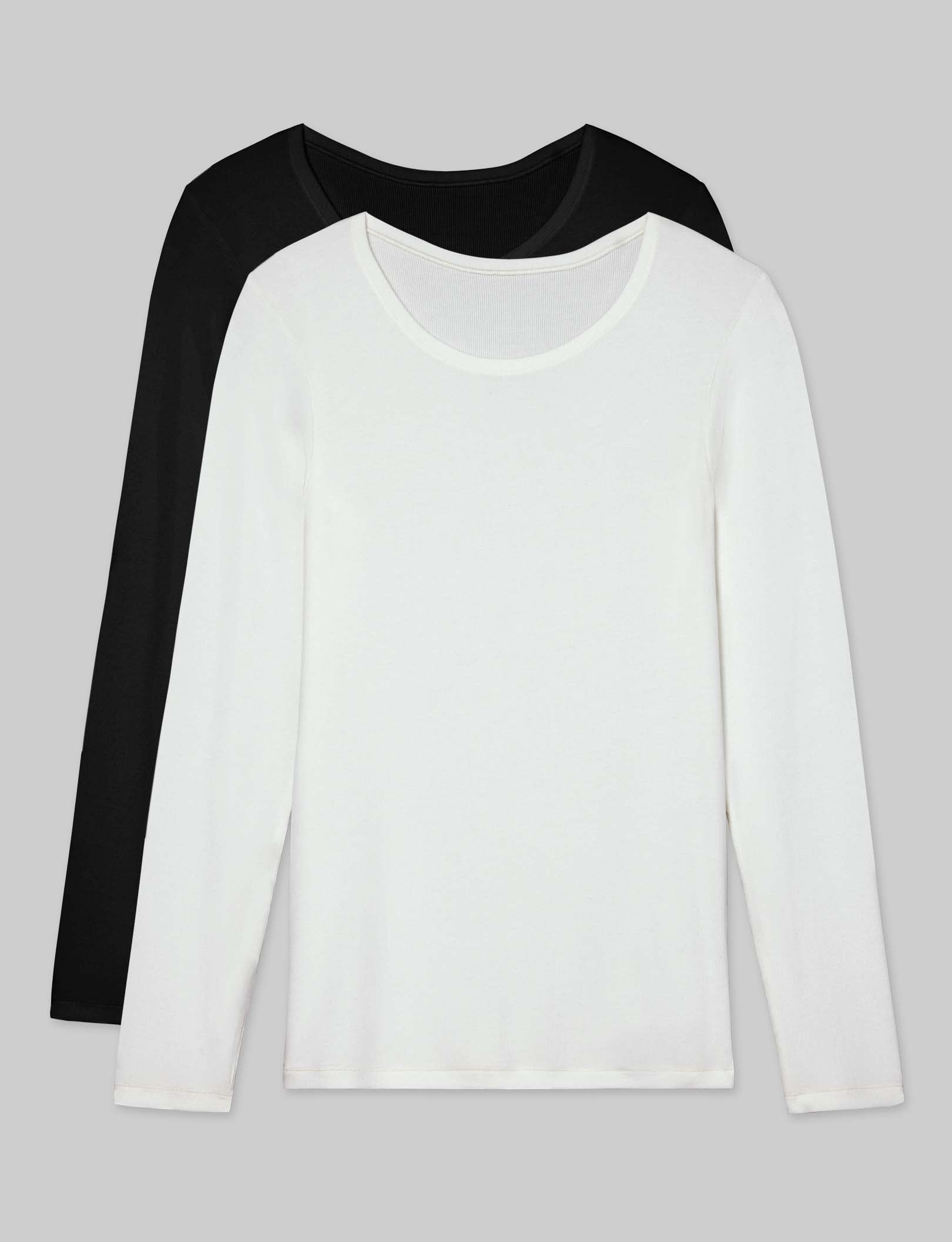 Women's Soft Micro Rib Long Sleeve T-Shirts 2 Pack - Stretch Comfort Fit Casual Basic Tops for Layering, Workouts & Everyday Wear