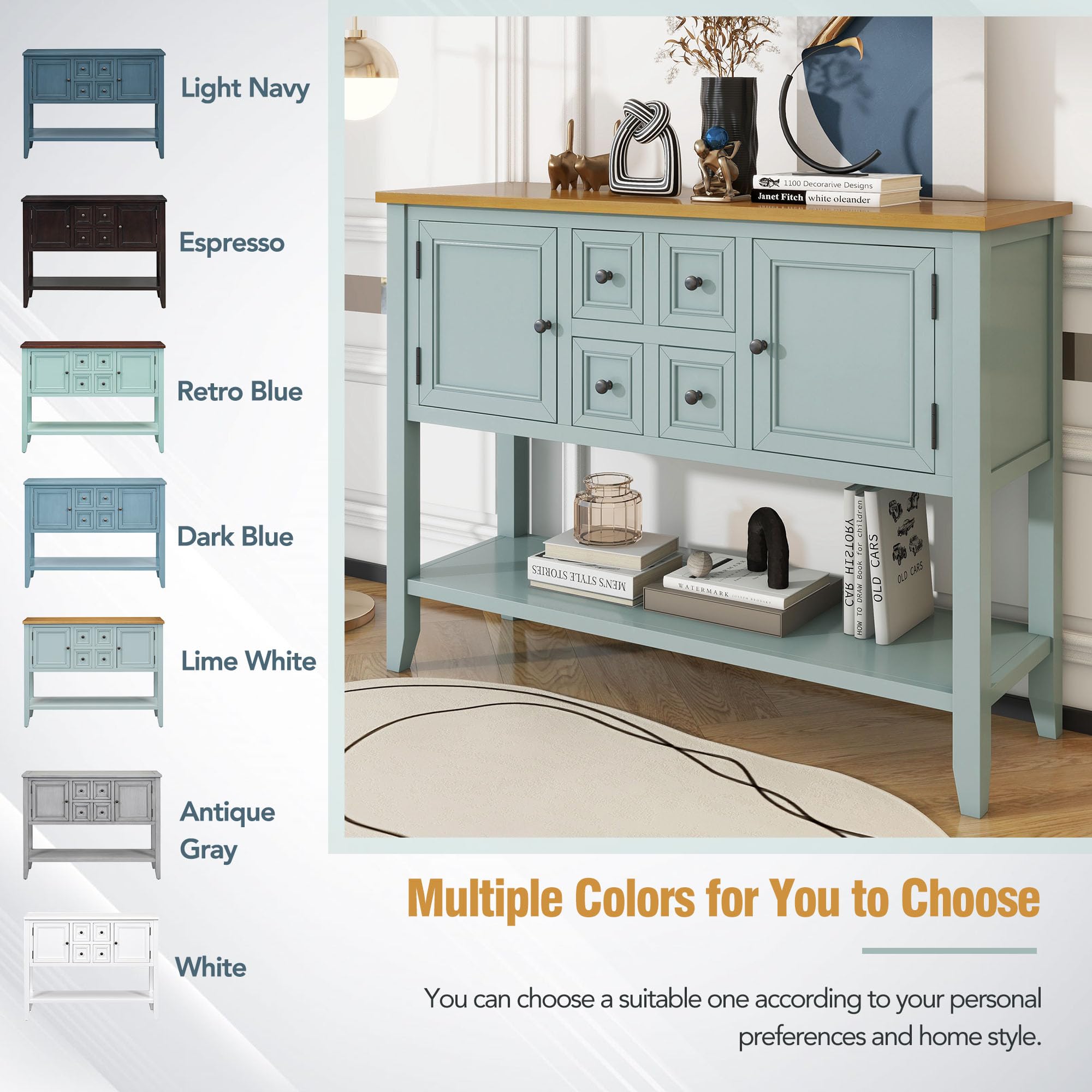 LZ LEISURE ZONE Retro Wooden Console Table with Storage Shelf & Drawers - Buffet Sideboard for Living Room, Kitchen, Entryway - Lime White Finish | Perfect for Hallway Decor, Dining Room Storage & Entryway Organization