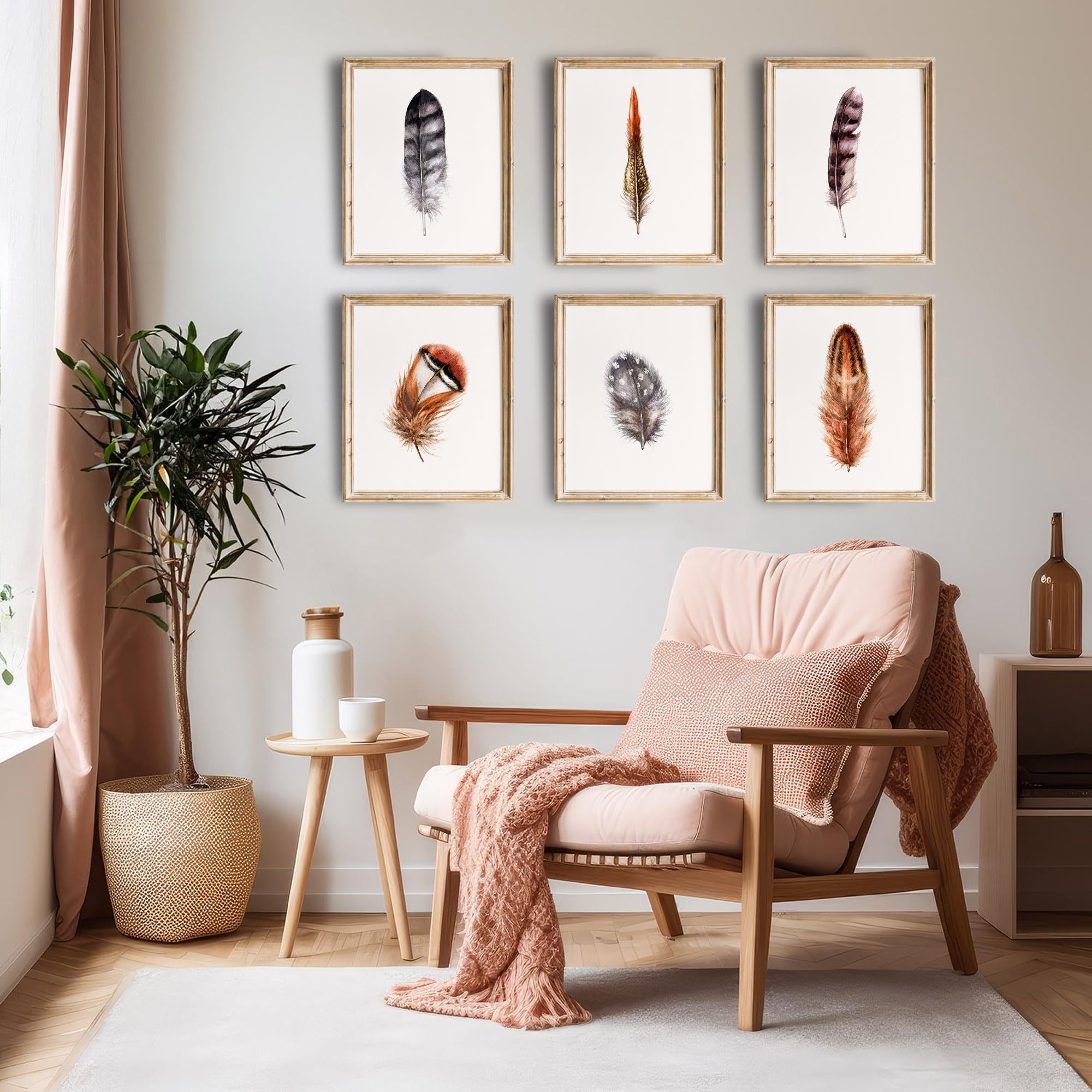 Feather Art Prints Set of 6 - 8x10 Inch Unframed Rustic Wall Decor - Nature Inspired Home Decor for Living Room, Bedroom & Office - Farmhouse Style Feather Painting for Boho, Modern & Country House Decor