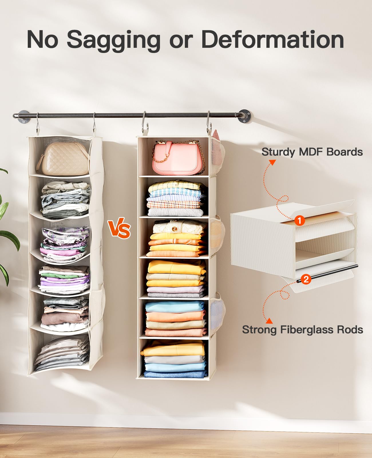 Pipishell 6-Shelf Hanging Closet Organizer with 3 Removable Drawers & Side Pockets - Space Saving Storage Solution for Bedroom, Closet, or Garment Rack - 12