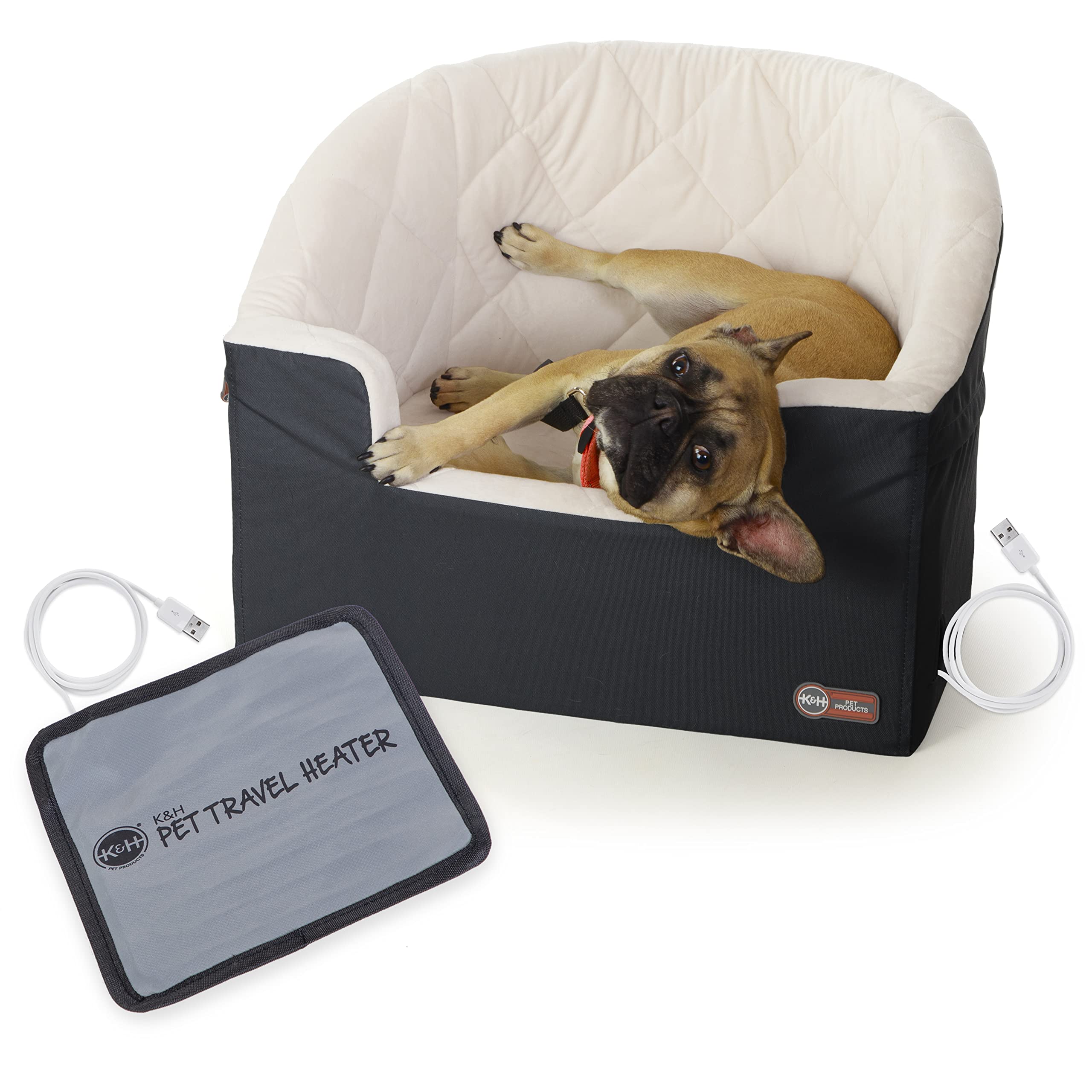 K&H Pet Products Bucket Booster Dog Seat with Safety Leashes - Washable & Sturdy for Small & Medium Dogs - Heated Charcoal/Cream - Perfect for Car Rides & Travel with Your Pet