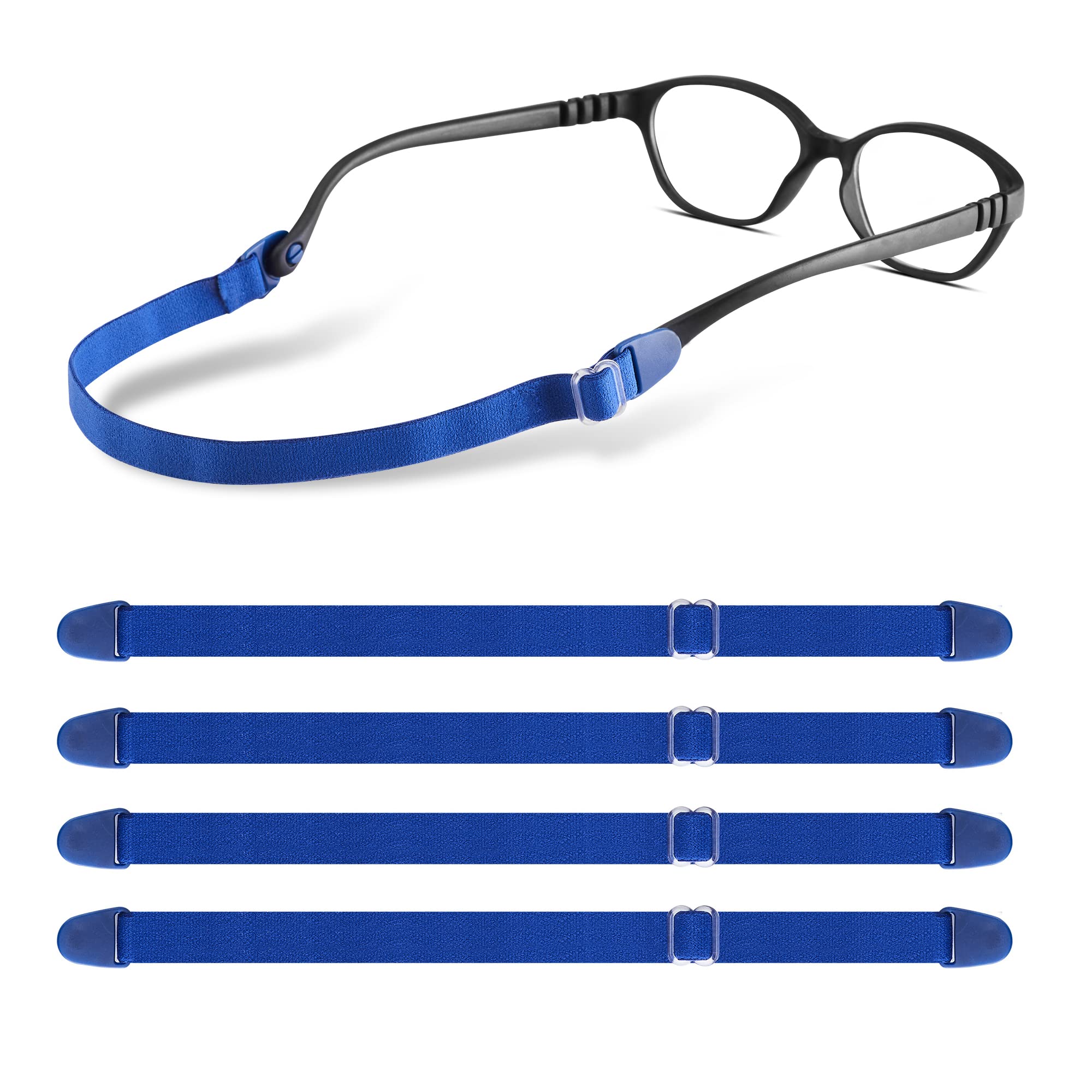 LVVFIT Adjustable Kids Glasses Strap - 4 Pack Elastic Eyewear Bands for Toddlers, Boys & Girls | Sports, Reading & Outdoor Activities (Blue)