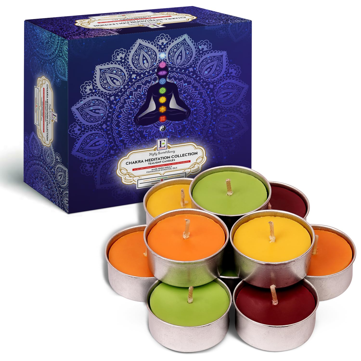 Chakra Tealight Candles Set of 64 - Scented Meditation Candles for Yoga & Relaxation