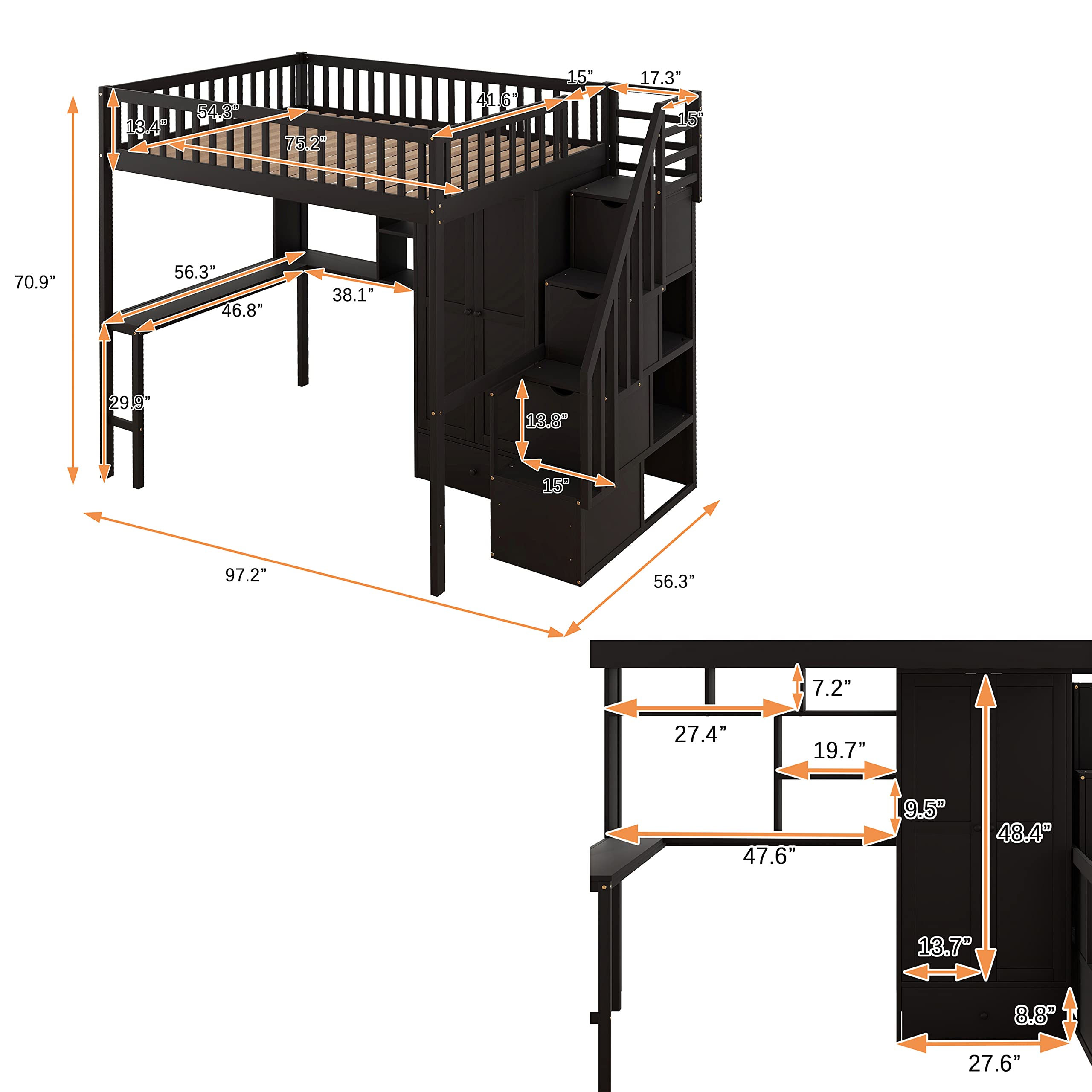 Harper & Bright Designs Full Size Wooden Loft Bed with Stairs, Wardrobe & Desk - Space-Saving Storage Bed with Shelves for Kids, Teens & Small Rooms - Perfect for Dorm, Bedroom or Studio Apartment