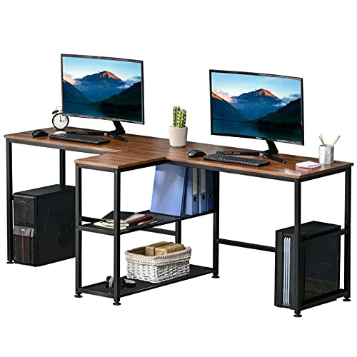 2-Tier Walnut Computer Desk with Open Storage Shelf - Double Workplace Laptop PC Workstation Writing Table - Sturdy Particleboard & Steel Frame - Perfect for Home Office, Study, Bedroom & Small Spaces (Space-Saving Design)